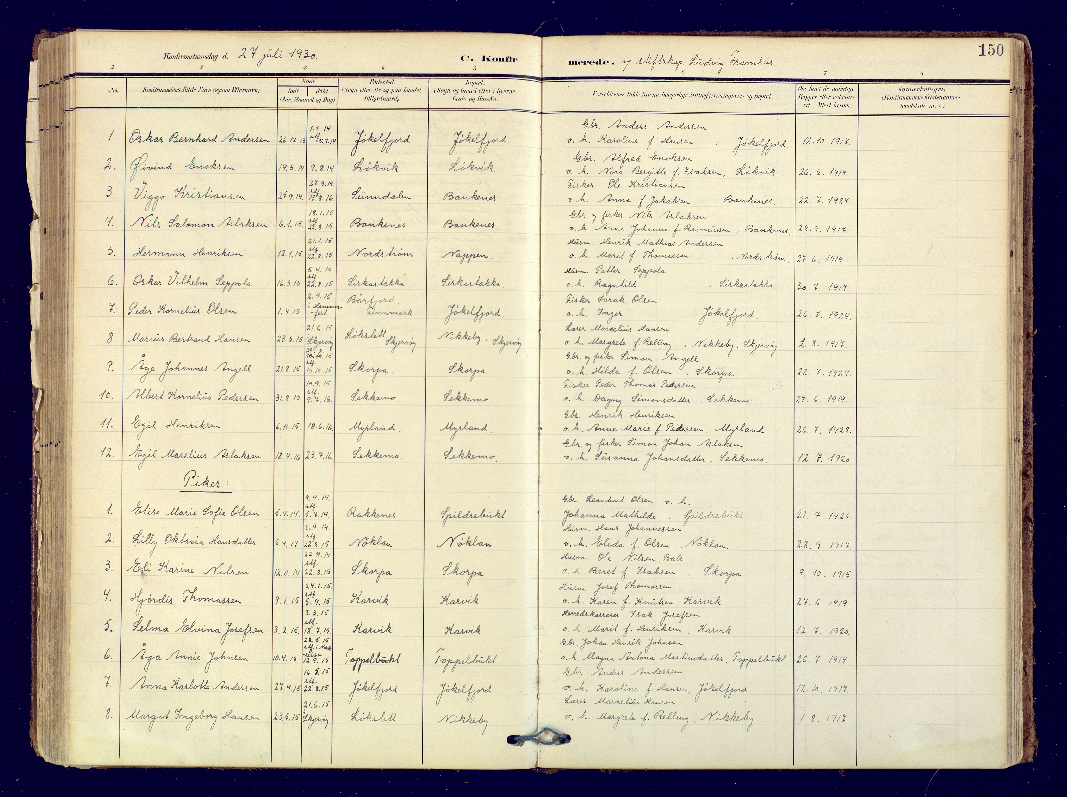 Skjervøy sokneprestkontor, SATØ/S-1300/H/Ha/Haa: Parish register (official) no. 19, 1908-1936, p. 150