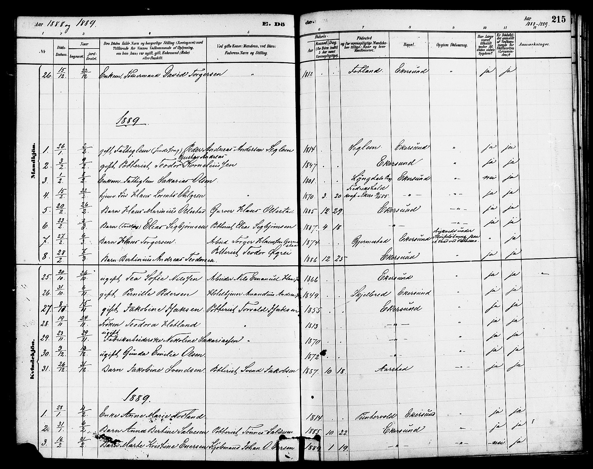 Eigersund sokneprestkontor, SAST/A-101807/S08/L0015: Parish register (official) no. A 15, 1879-1892, p. 215