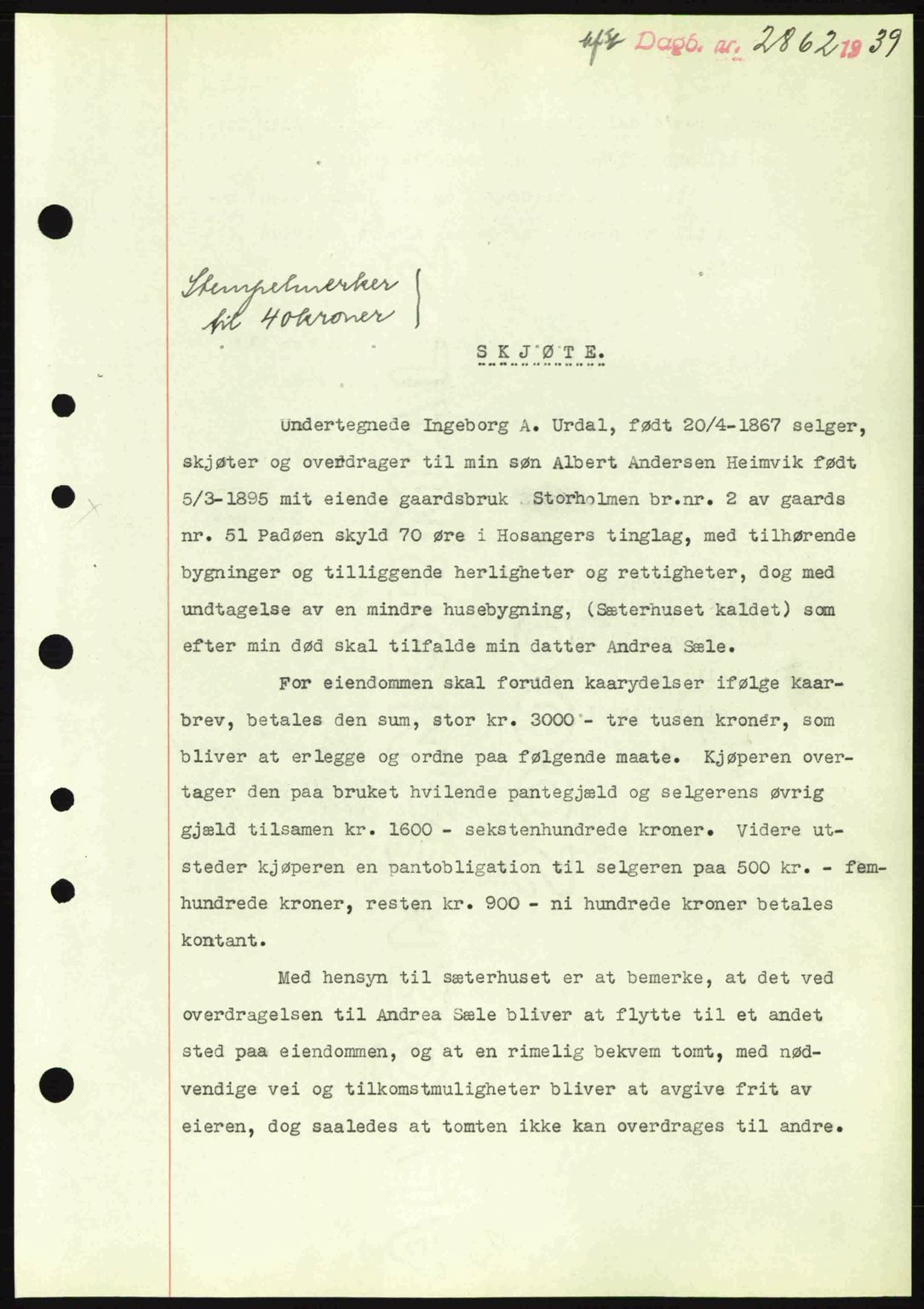 Nordhordland sorenskrivar, SAB/A-2901/1/G/Gb/Gbf/L0010: Mortgage book no. A10, 1939-1940, Diary no: : 2862/1939