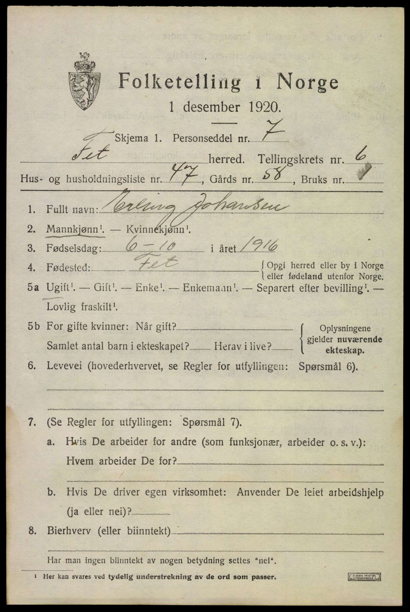 SAO, 1920 census for Fet, 1920, p. 7538