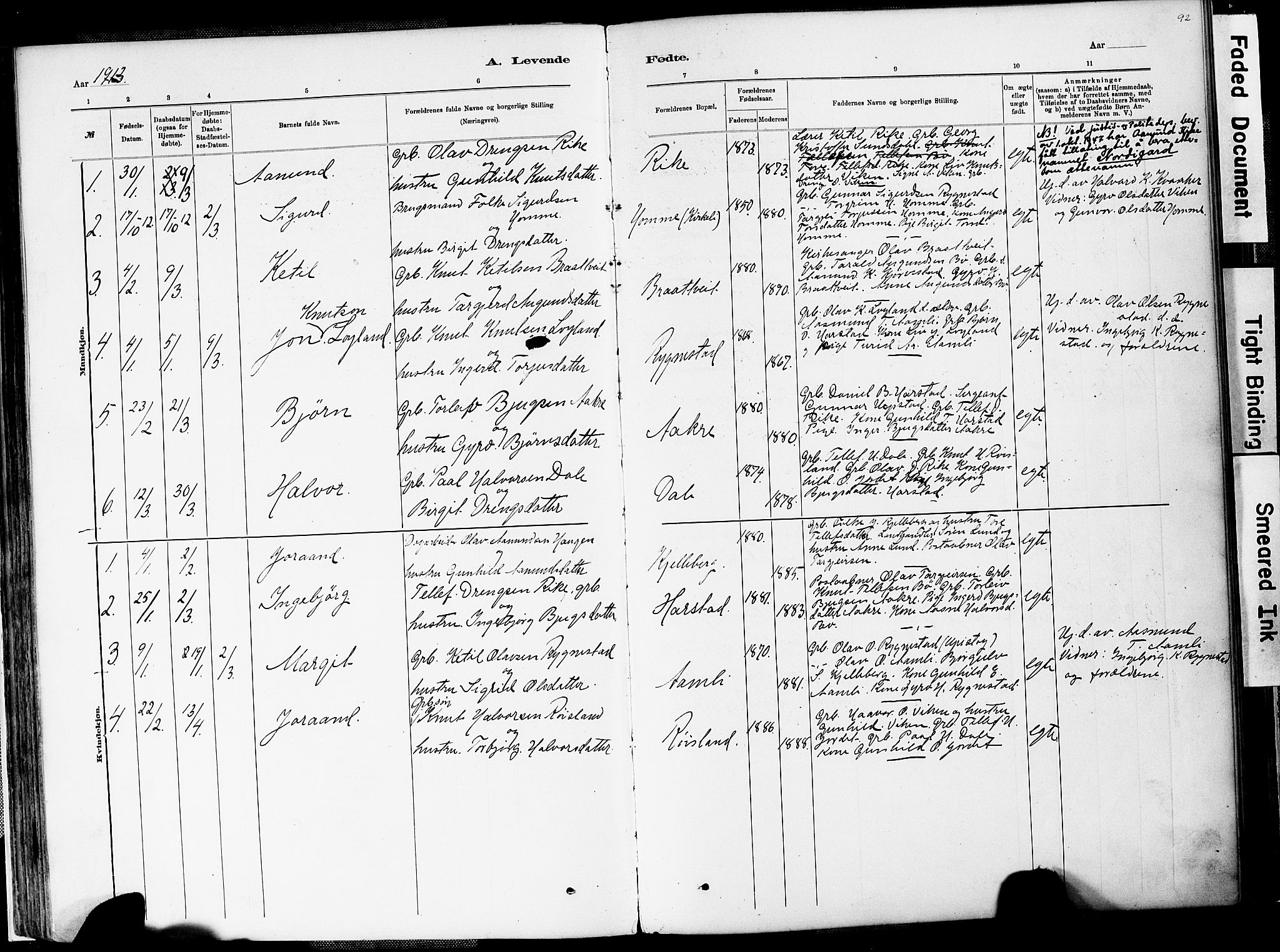 Valle sokneprestkontor, AV/SAK-1111-0044/F/Fa/Fac/L0009: Parish register (official) no. A 9, 1882-1913, p. 92