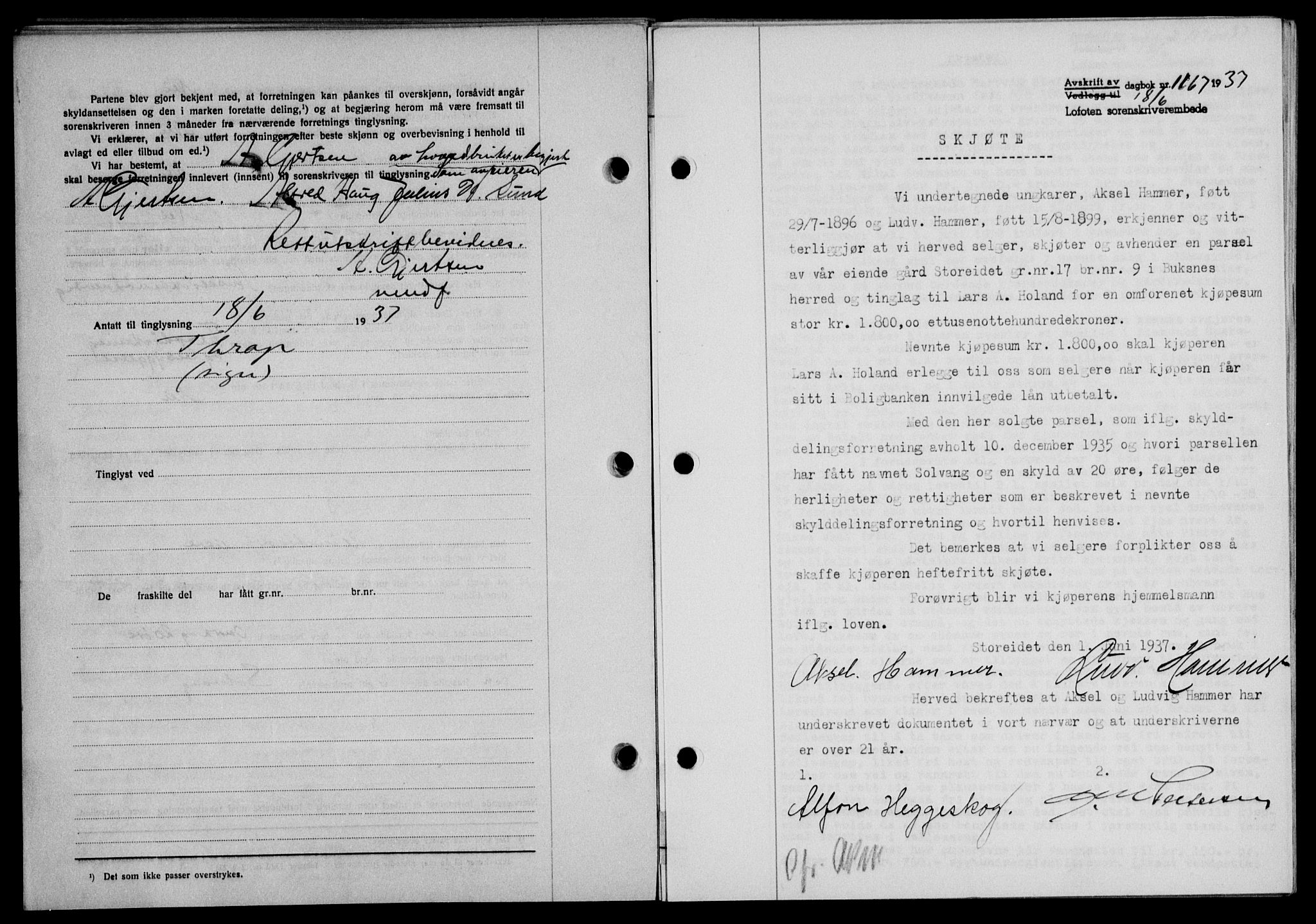 Lofoten sorenskriveri, SAT/A-0017/1/2/2C/L0002a: Mortgage book no. 2a, 1937-1937, Diary no: : 1167/1937