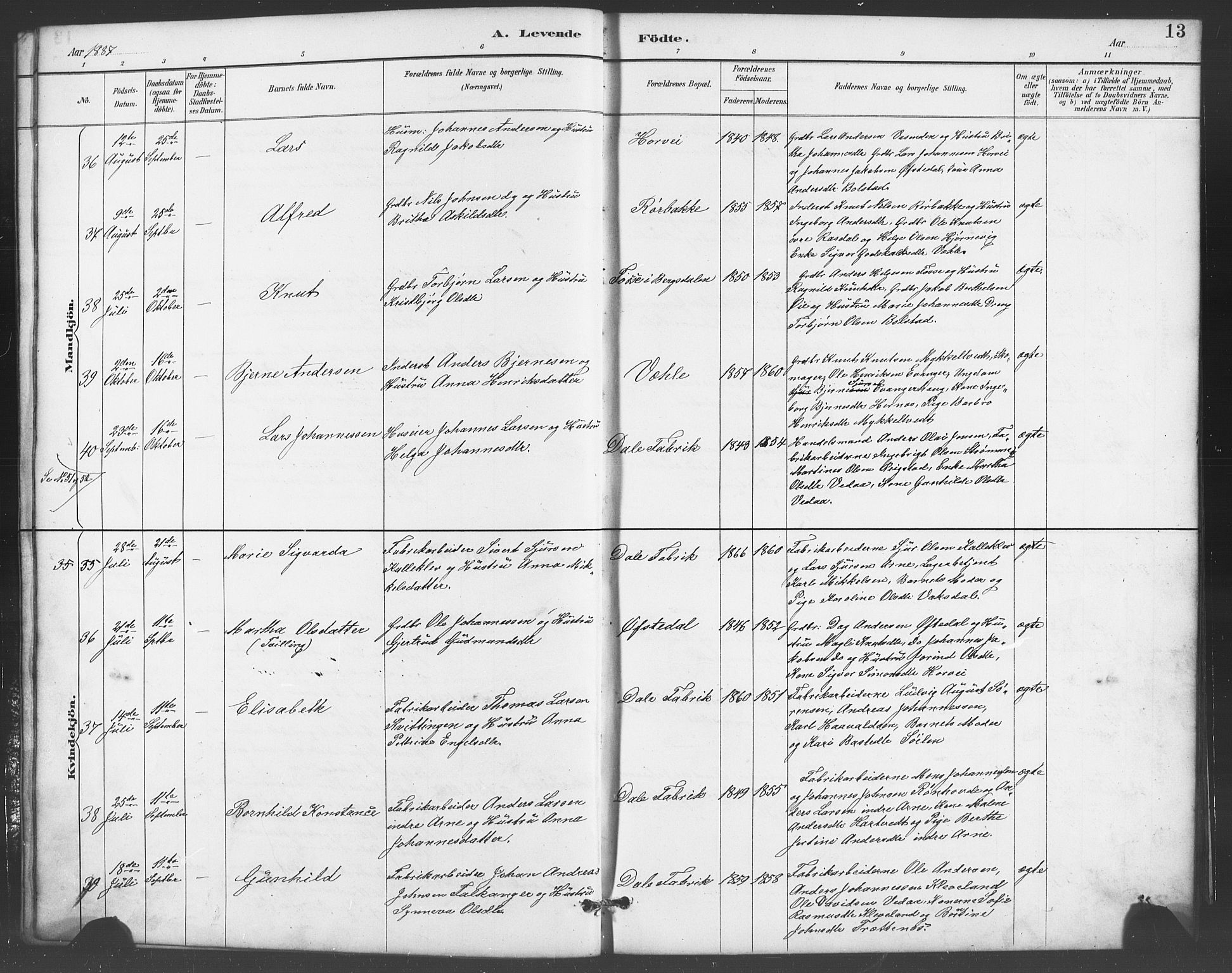 Evanger sokneprestembete, AV/SAB-A-99924: Parish register (copy) no. A 4, 1887-1897, p. 13