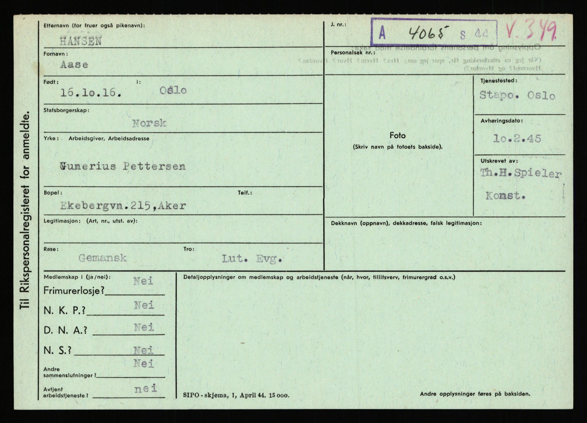 Statspolitiet - Hovedkontoret / Osloavdelingen, AV/RA-S-1329/C/Ca/L0006: Hanche - Hokstvedt, 1943-1945, p. 98