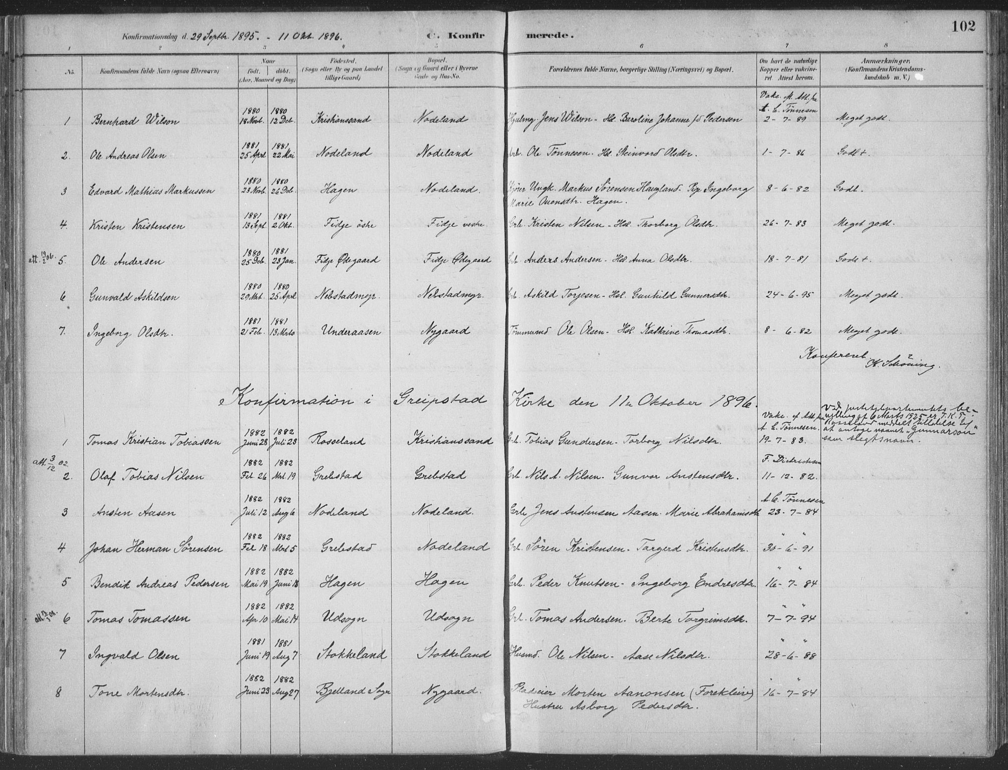 Søgne sokneprestkontor, SAK/1111-0037/F/Fa/Faa/L0003: Parish register (official) no. A 3, 1883-1910, p. 102