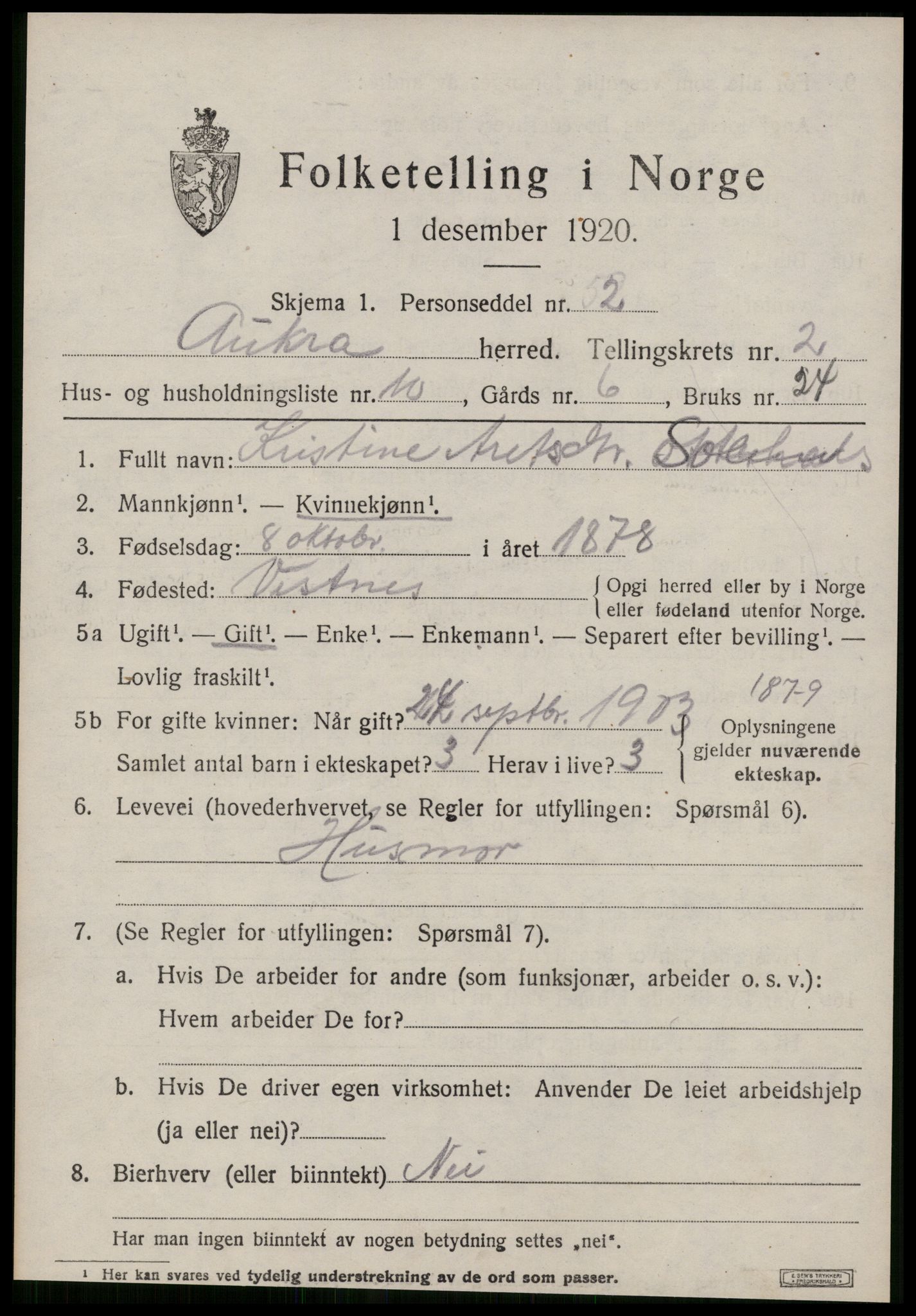 SAT, 1920 census for Aukra, 1920, p. 1731