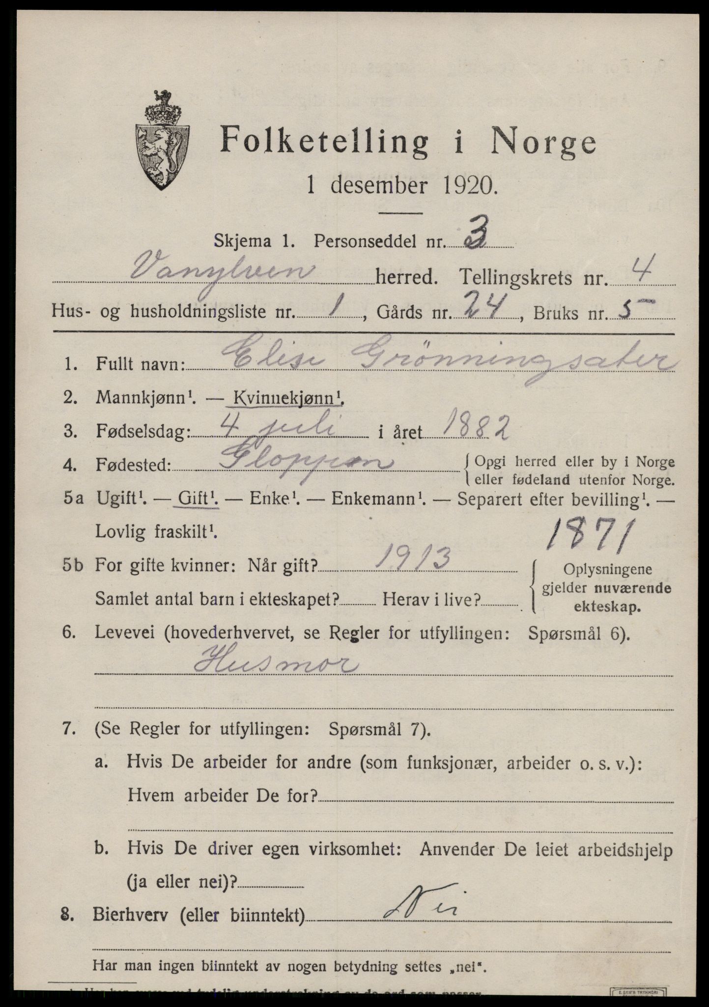 SAT, 1920 census for Vanylven, 1920, p. 2271