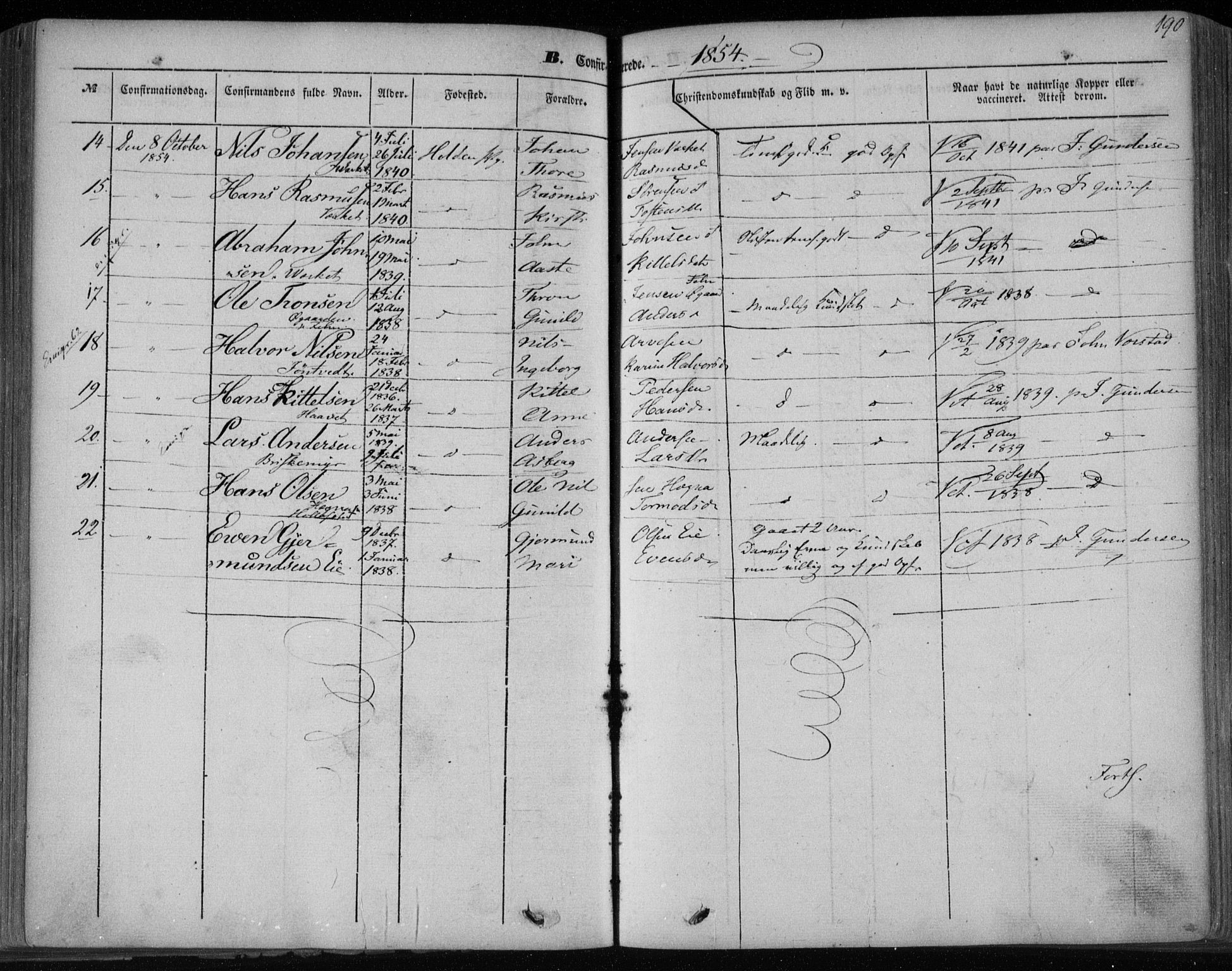 Holla kirkebøker, SAKO/A-272/F/Fa/L0005: Parish register (official) no. 5, 1849-1860, p. 190