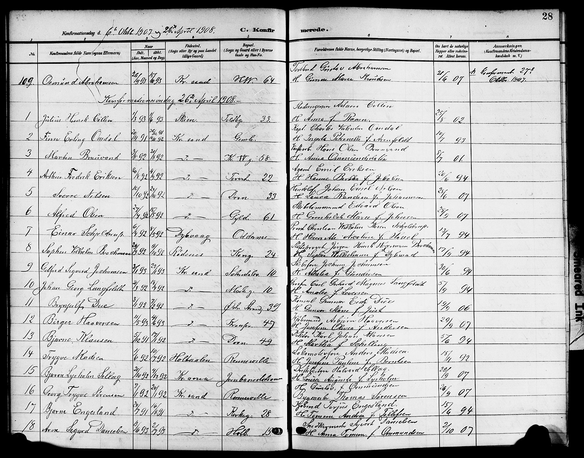 Kristiansand domprosti, SAK/1112-0006/F/Fb/L0020: Parish register (copy) no. B 20, 1906-1915, p. 28