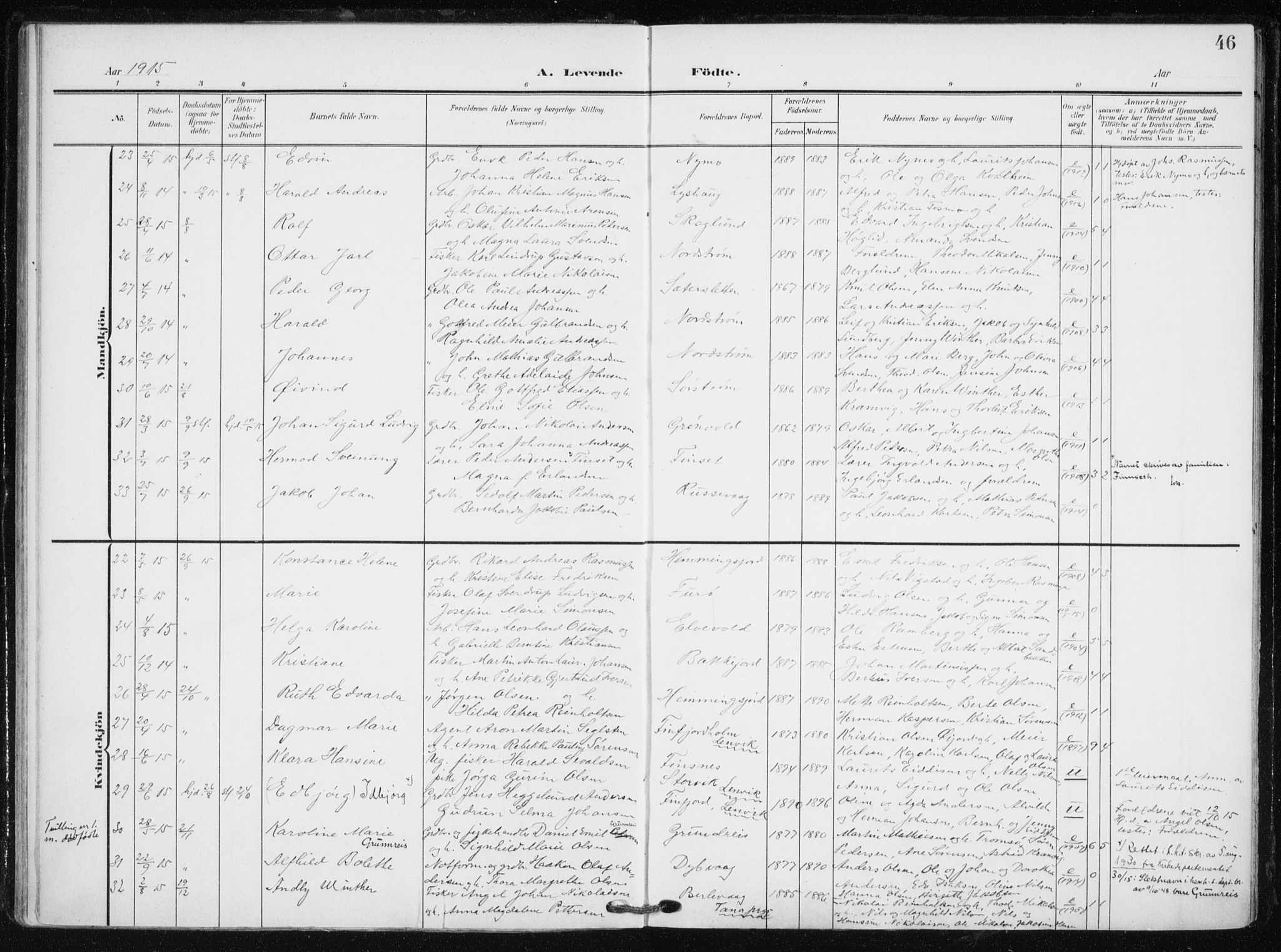 Tranøy sokneprestkontor, SATØ/S-1313/I/Ia/Iaa/L0012kirke: Parish register (official) no. 12, 1905-1918, p. 46