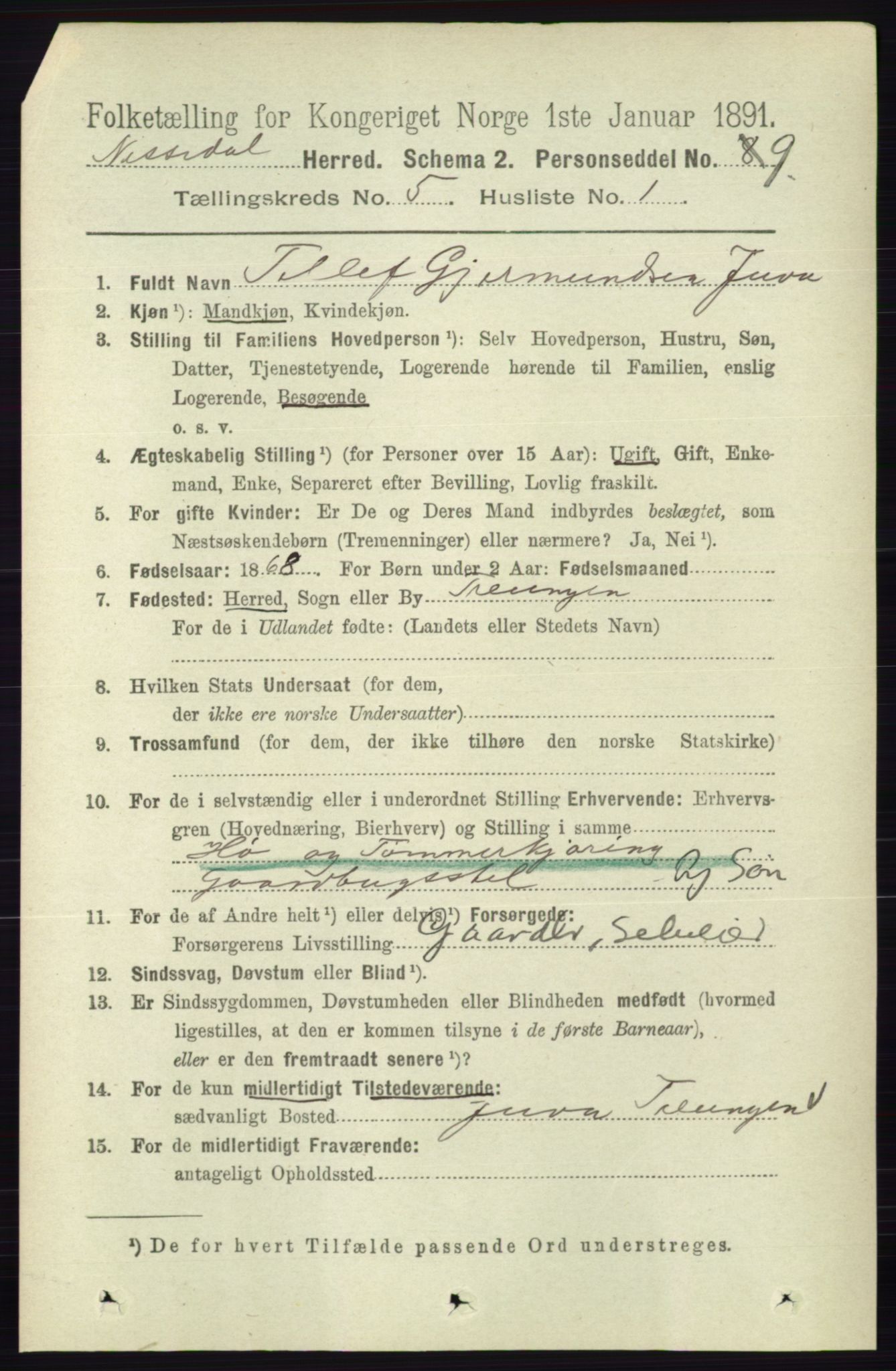 RA, 1891 census for 0830 Nissedal, 1891, p. 1104