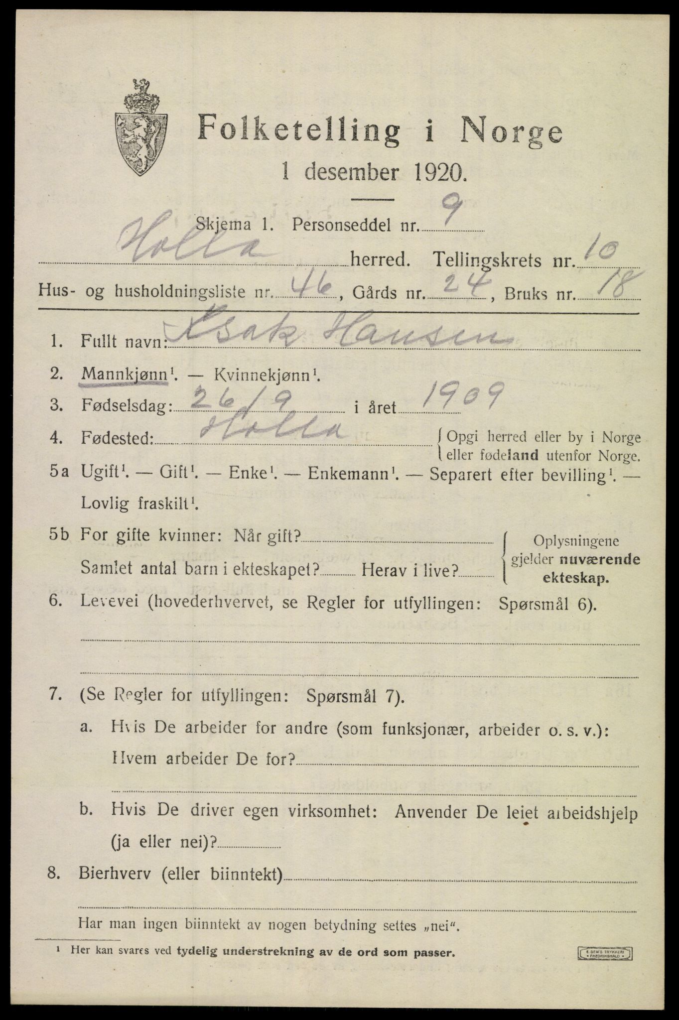 SAKO, 1920 census for Holla, 1920, p. 6591