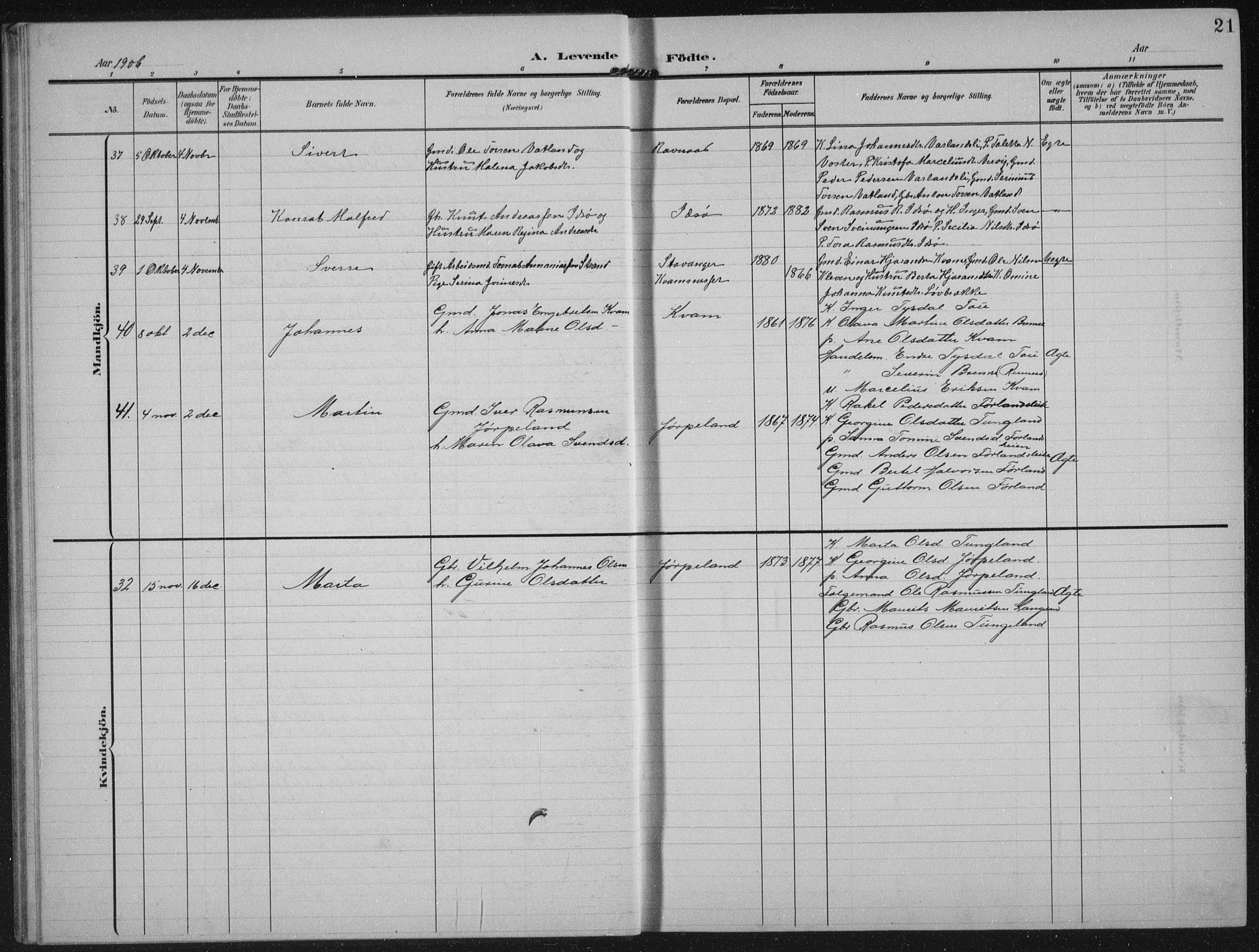 Strand sokneprestkontor, AV/SAST-A-101828/H/Ha/Hab/L0005: Parish register (copy) no. B 5, 1904-1934, p. 21