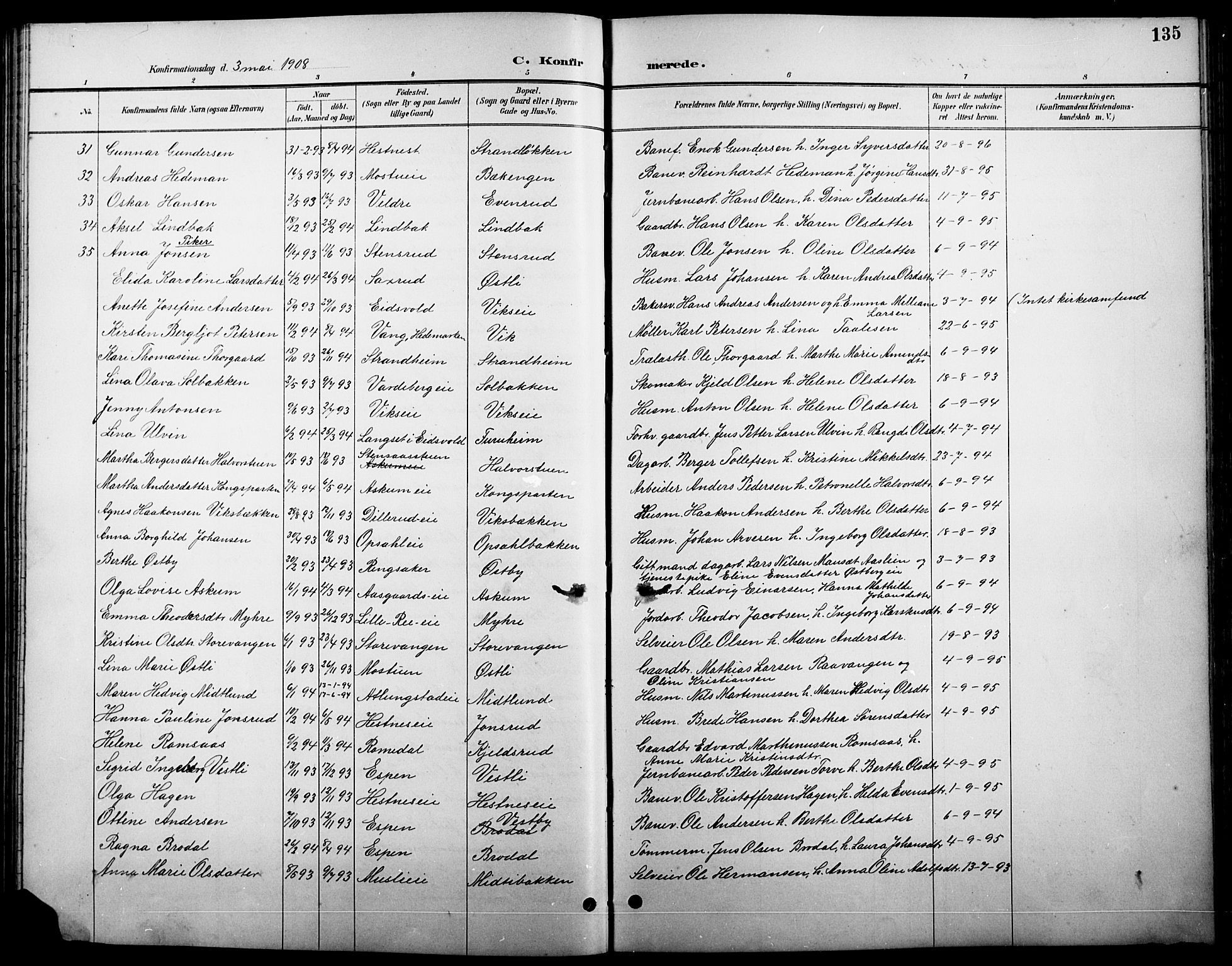 Stange prestekontor, SAH/PREST-002/L/L0011: Parish register (copy) no. 11, 1895-1917, p. 135