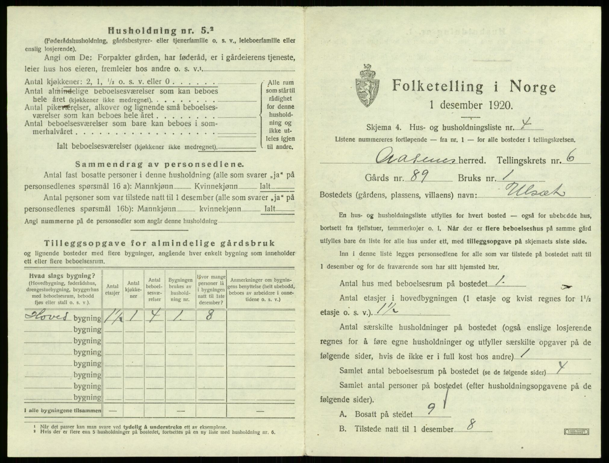 SAB, 1920 census for Åsane, 1920, p. 518