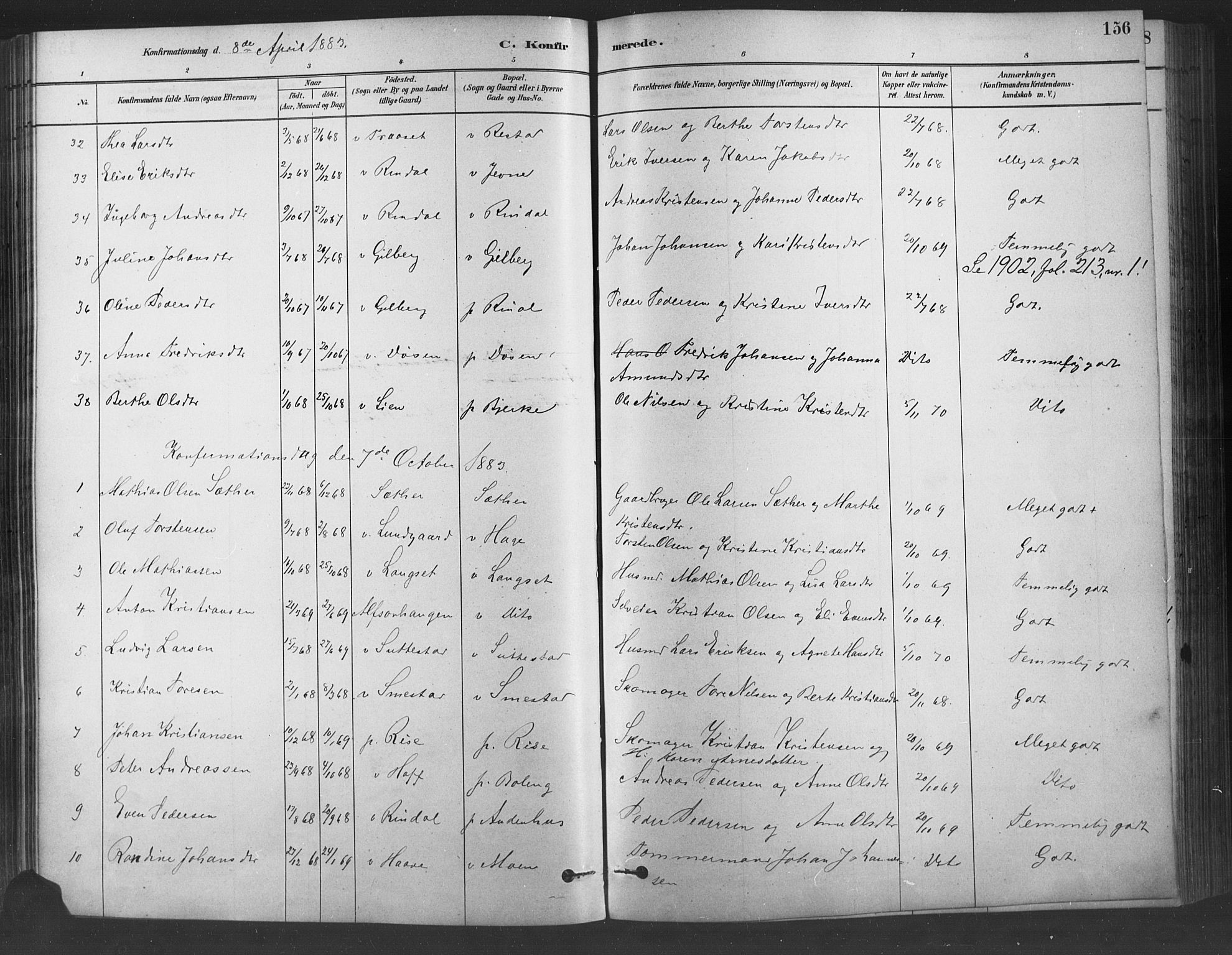 Fåberg prestekontor, AV/SAH-PREST-086/H/Ha/Haa/L0009: Parish register (official) no. 9, 1879-1898, p. 156