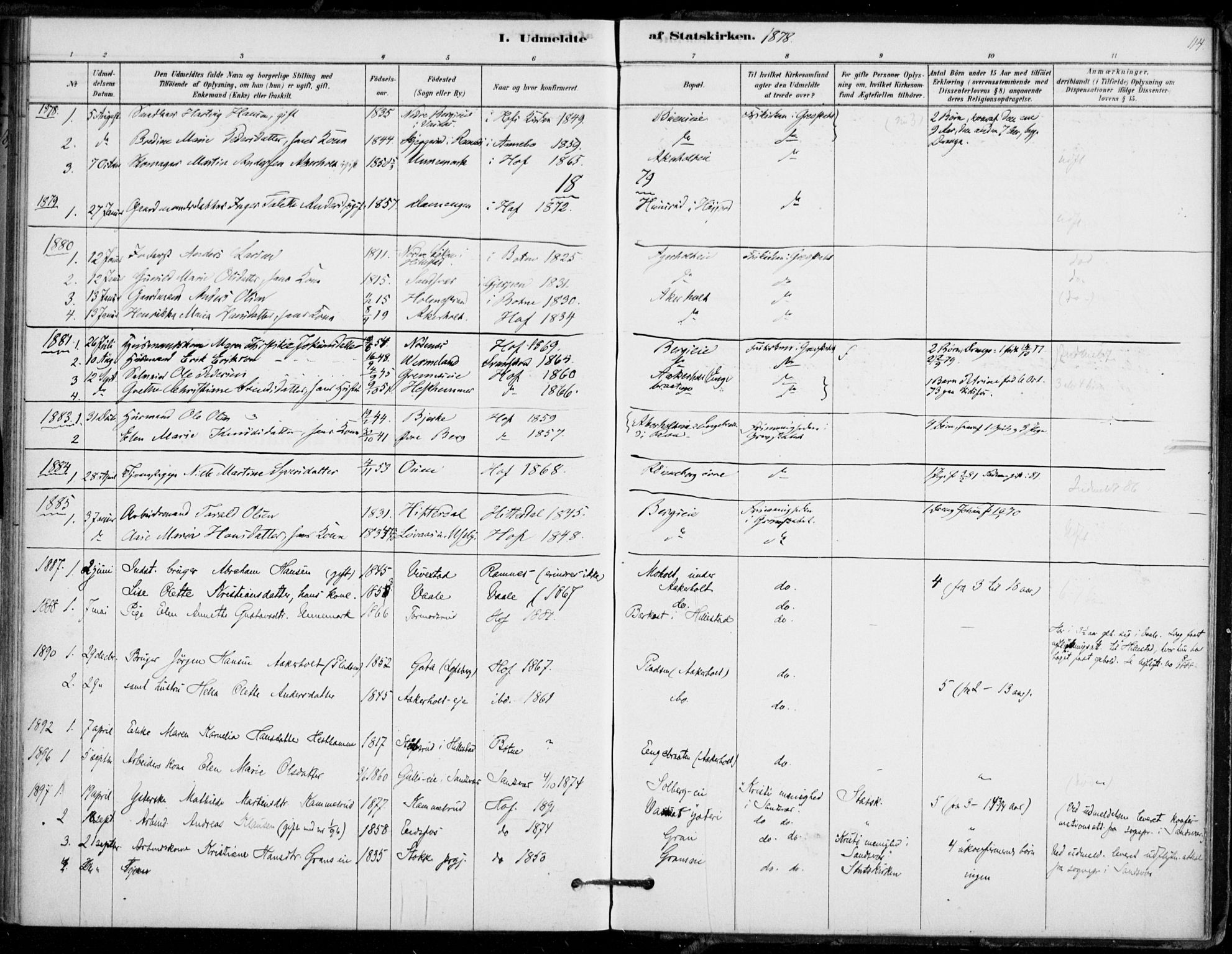 Hof kirkebøker, SAKO/A-64/F/Fb/L0001: Parish register (official) no. II 1, 1878-1907, p. 114