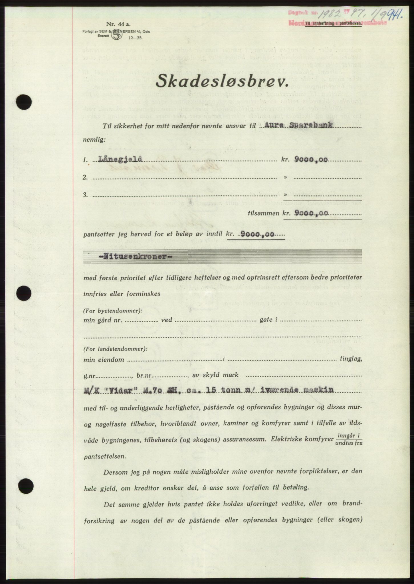 Nordmøre sorenskriveri, AV/SAT-A-4132/1/2/2Ca: Mortgage book no. B96, 1947-1947, Diary no: : 1982/1947