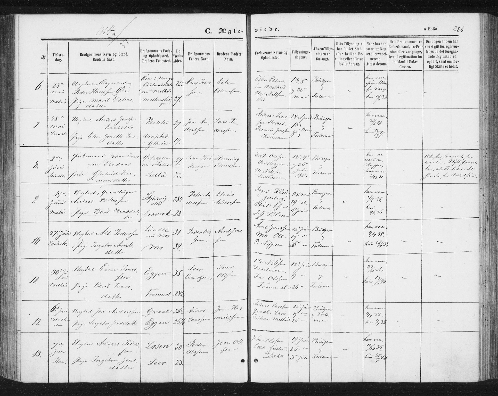 Ministerialprotokoller, klokkerbøker og fødselsregistre - Sør-Trøndelag, AV/SAT-A-1456/691/L1077: Parish register (official) no. 691A09, 1862-1873, p. 286