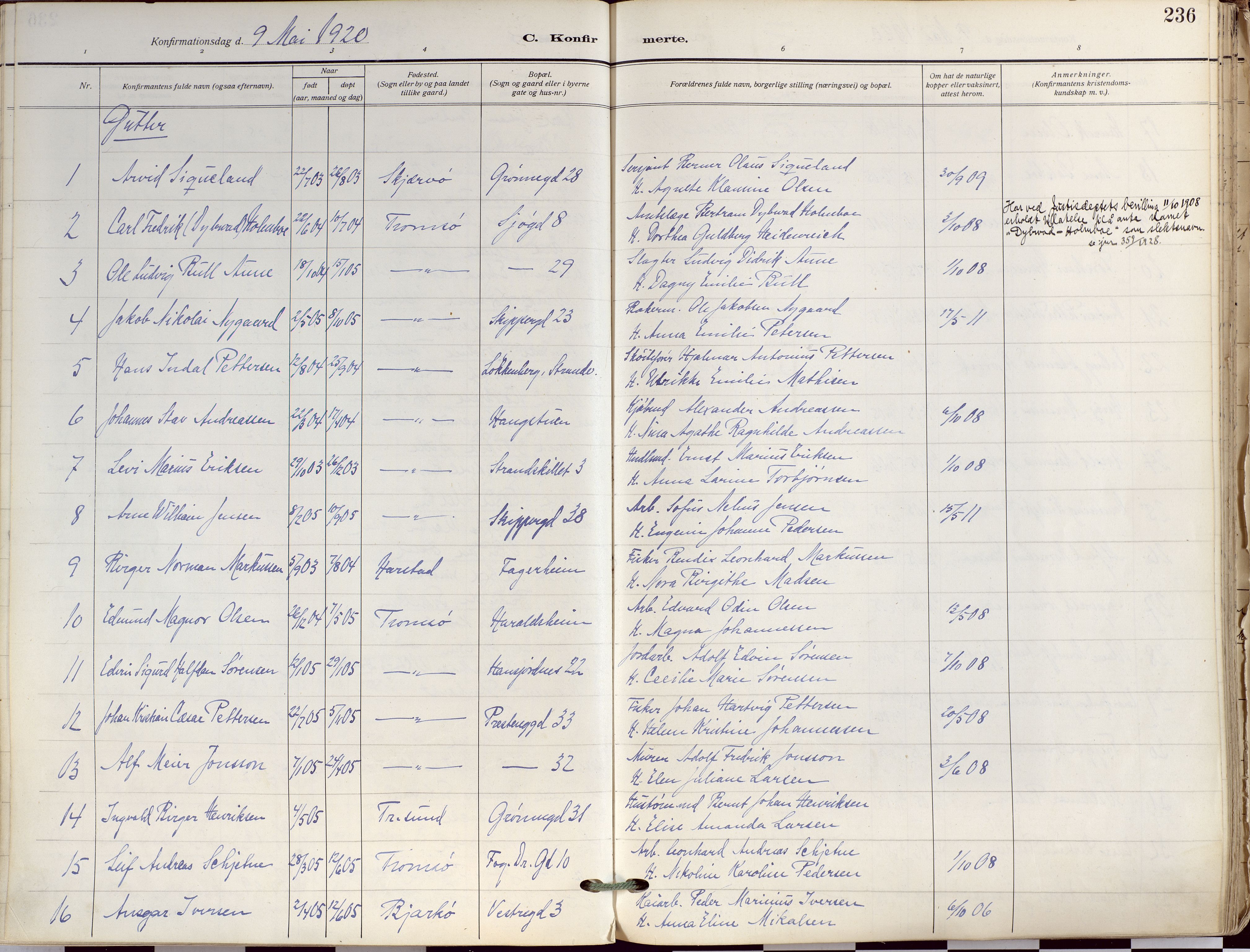 Tromsø sokneprestkontor/stiftsprosti/domprosti, SATØ/S-1343/G/Ga/L0019kirke: Parish register (official) no. 19, 1917-1927, p. 236