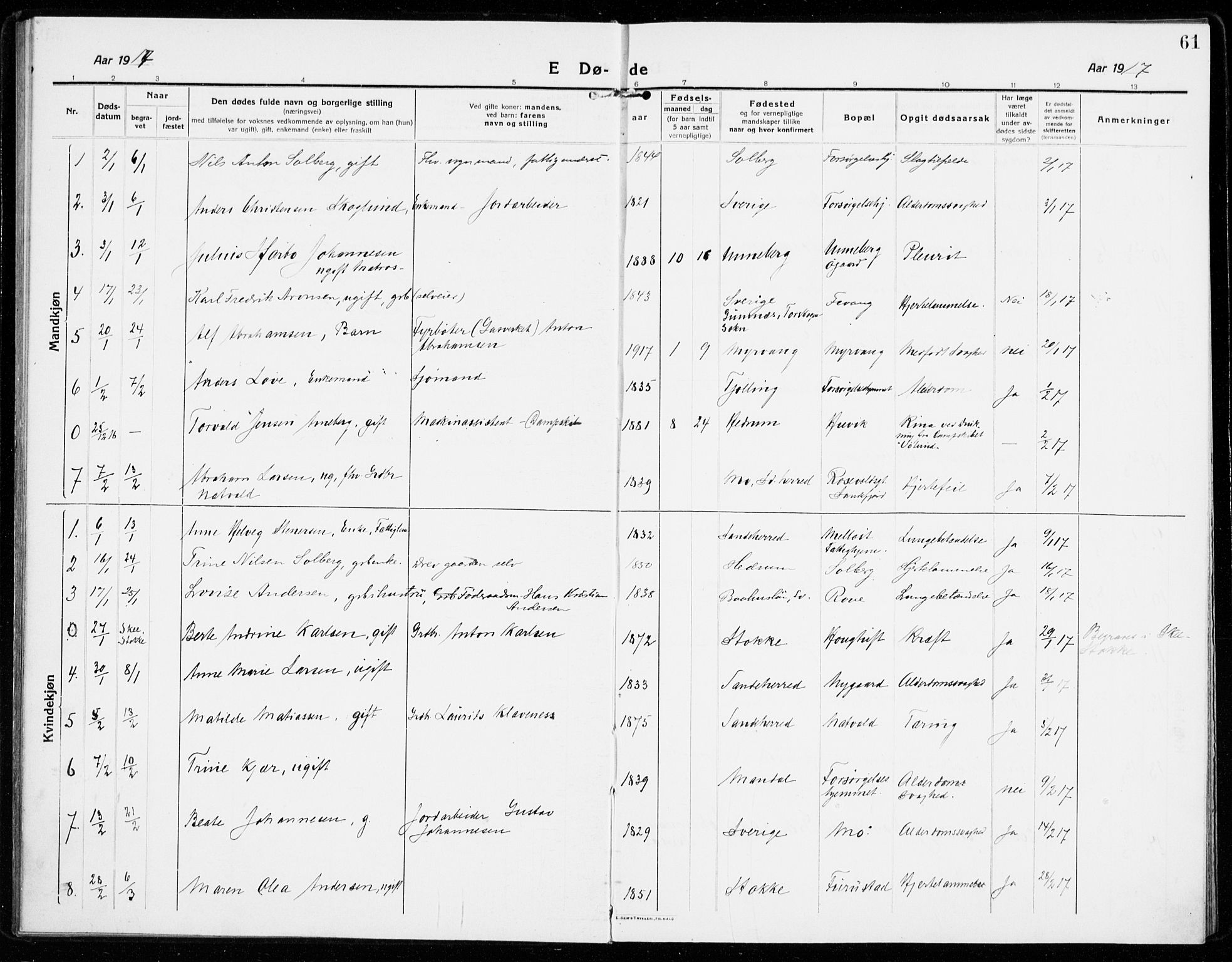 Sandar kirkebøker, SAKO/A-243/F/Fa/L0020: Parish register (official) no. 20, 1915-1919, p. 61