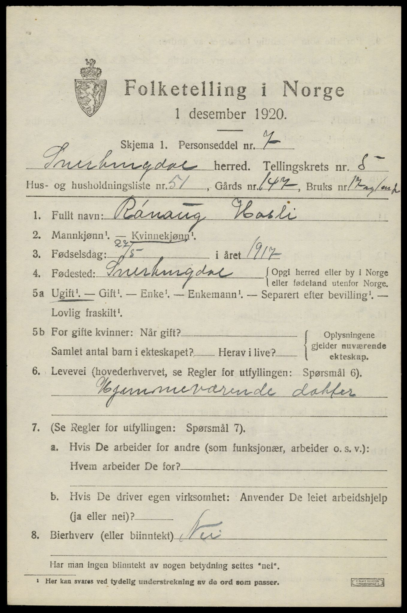 SAH, 1920 census for Snertingdal, 1920, p. 4871