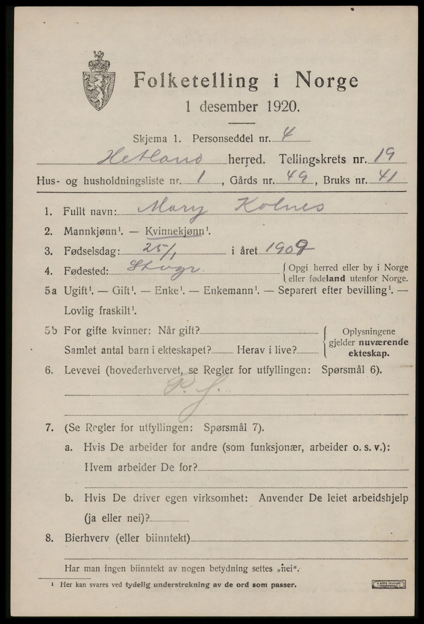 SAST, 1920 census for Hetland, 1920, p. 25701
