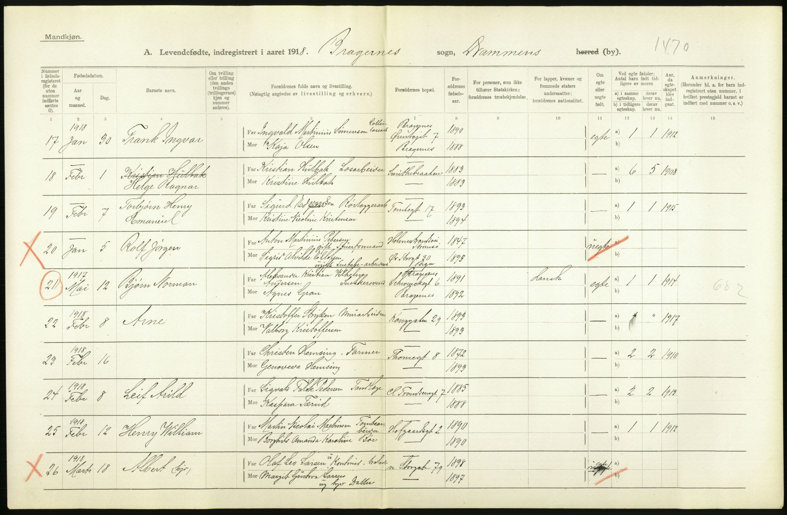 Statistisk sentralbyrå, Sosiodemografiske emner, Befolkning, AV/RA-S-2228/D/Df/Dfb/Dfbh/L0018: Buskerud fylke: Levendefødte menn og kvinner. Bygder og byer., 1918, p. 10