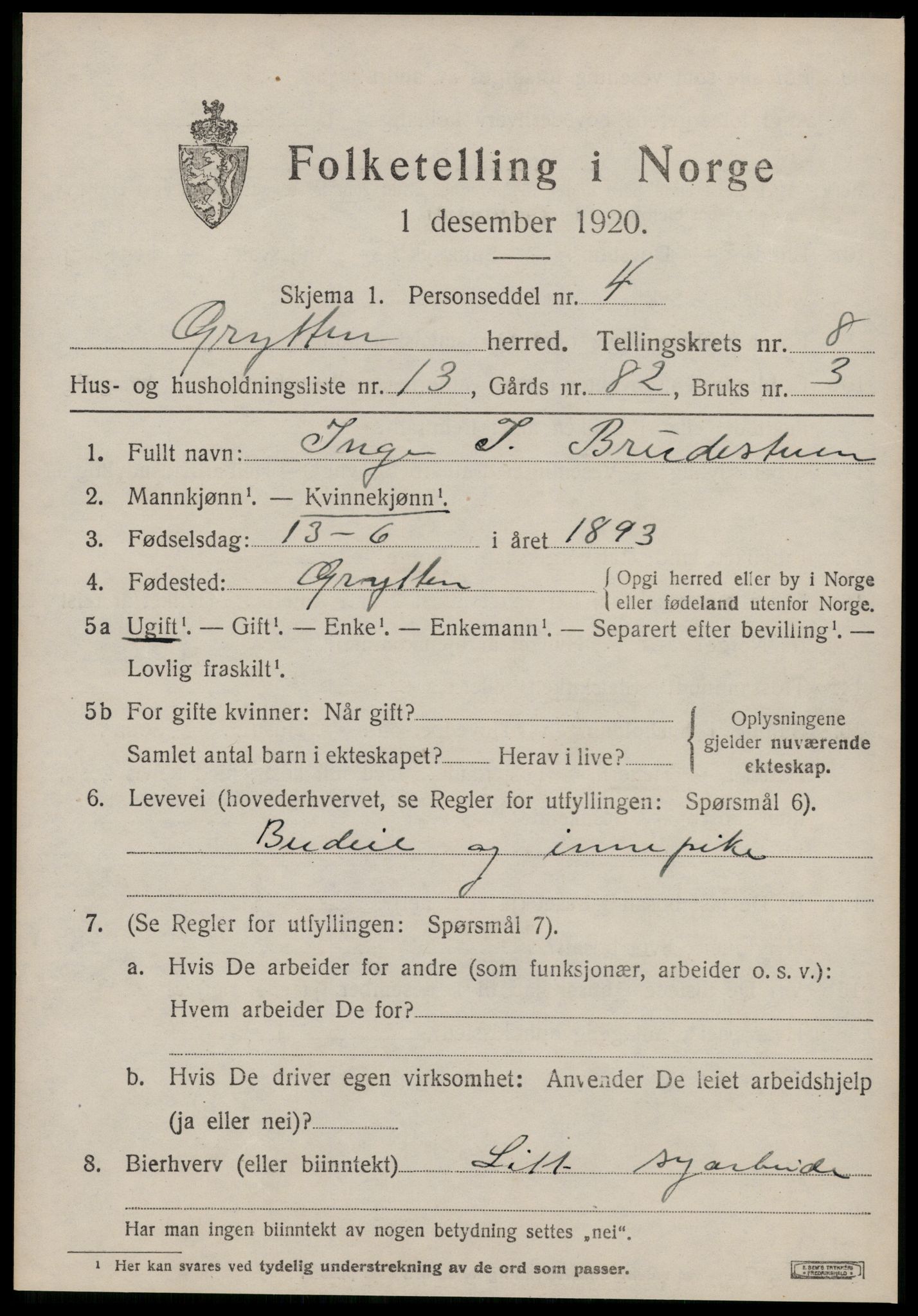 SAT, 1920 census for Grytten, 1920, p. 6126