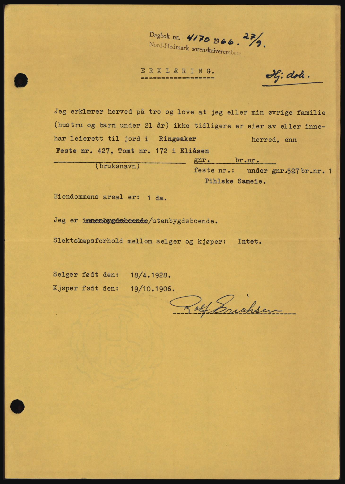 Nord-Hedmark sorenskriveri, SAH/TING-012/H/Hc/L0024: Mortgage book no. 24, 1966-1966, Diary no: : 4170/1966