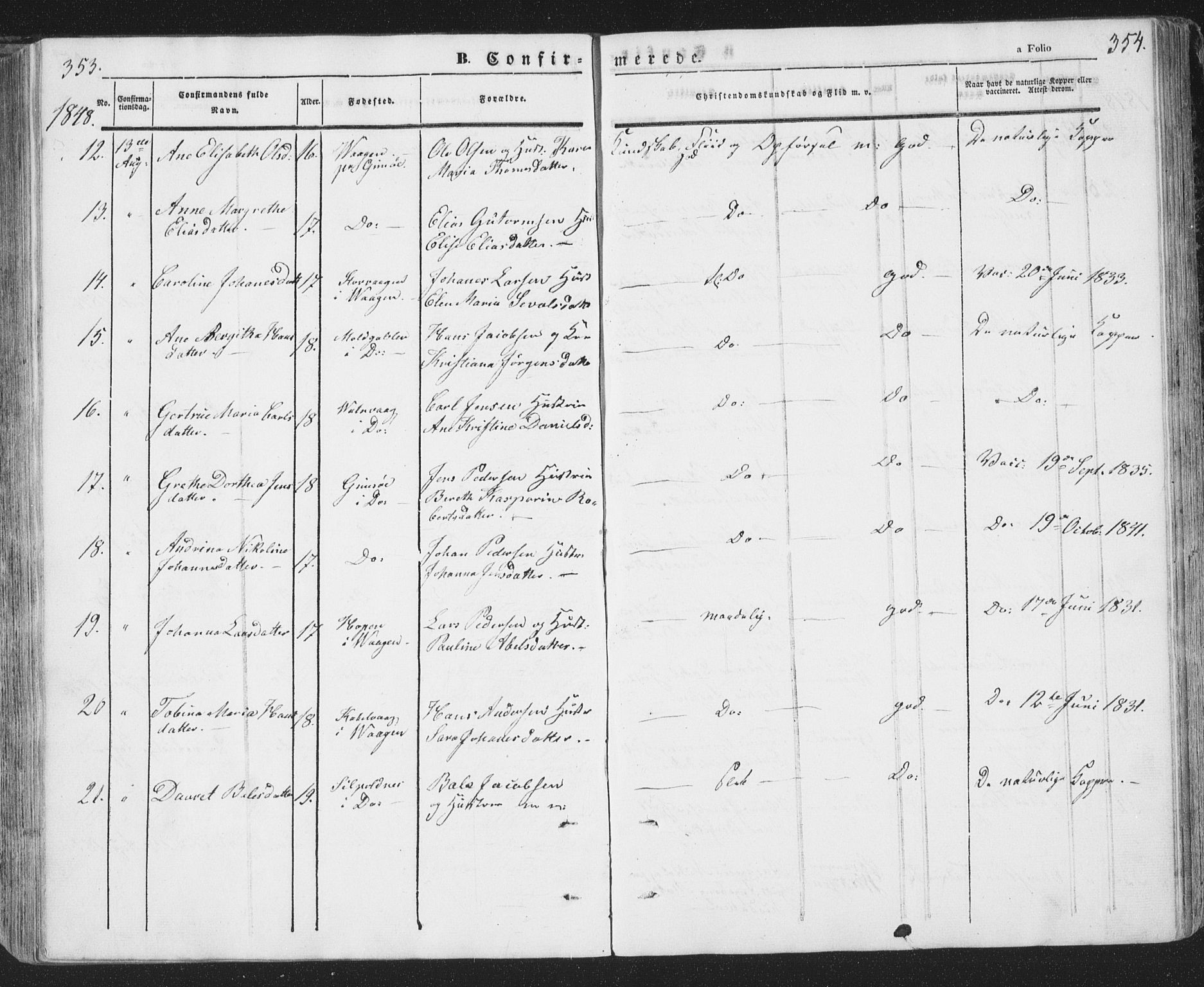 Ministerialprotokoller, klokkerbøker og fødselsregistre - Nordland, AV/SAT-A-1459/874/L1072: Parish register (copy) no. 874C01, 1843-1859, p. 353-354