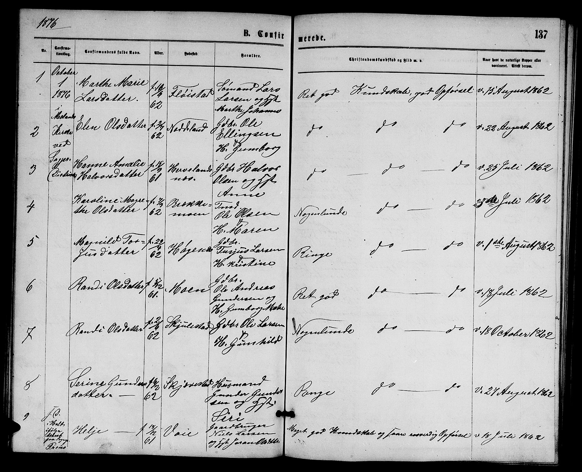 Austre Moland sokneprestkontor, SAK/1111-0001/F/Fb/Fba/L0002: Parish register (copy) no. B 2, 1869-1879, p. 137