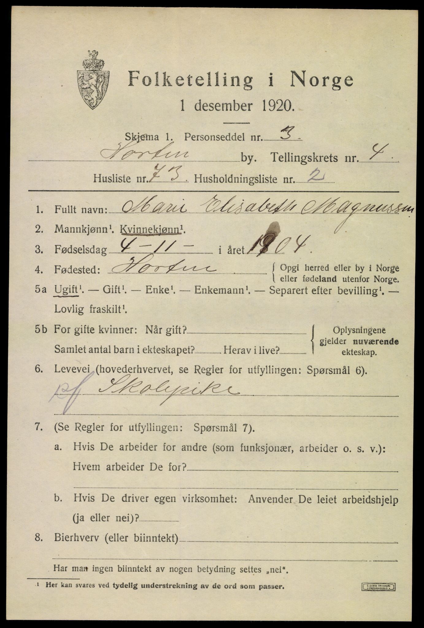 SAKO, 1920 census for Horten, 1920, p. 17527