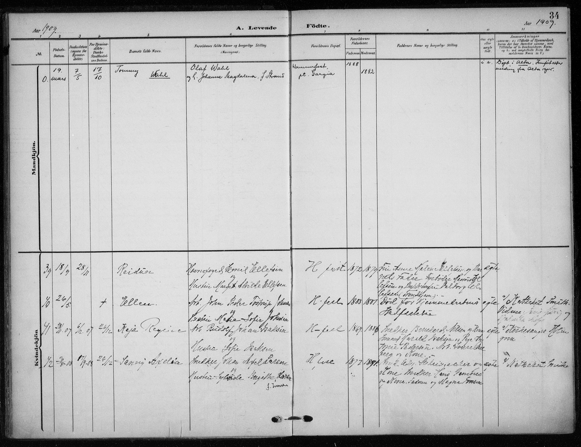 Hammerfest sokneprestkontor, SATØ/S-1347/H/Ha/L0014.kirke: Parish register (official) no. 14, 1906-1916, p. 34