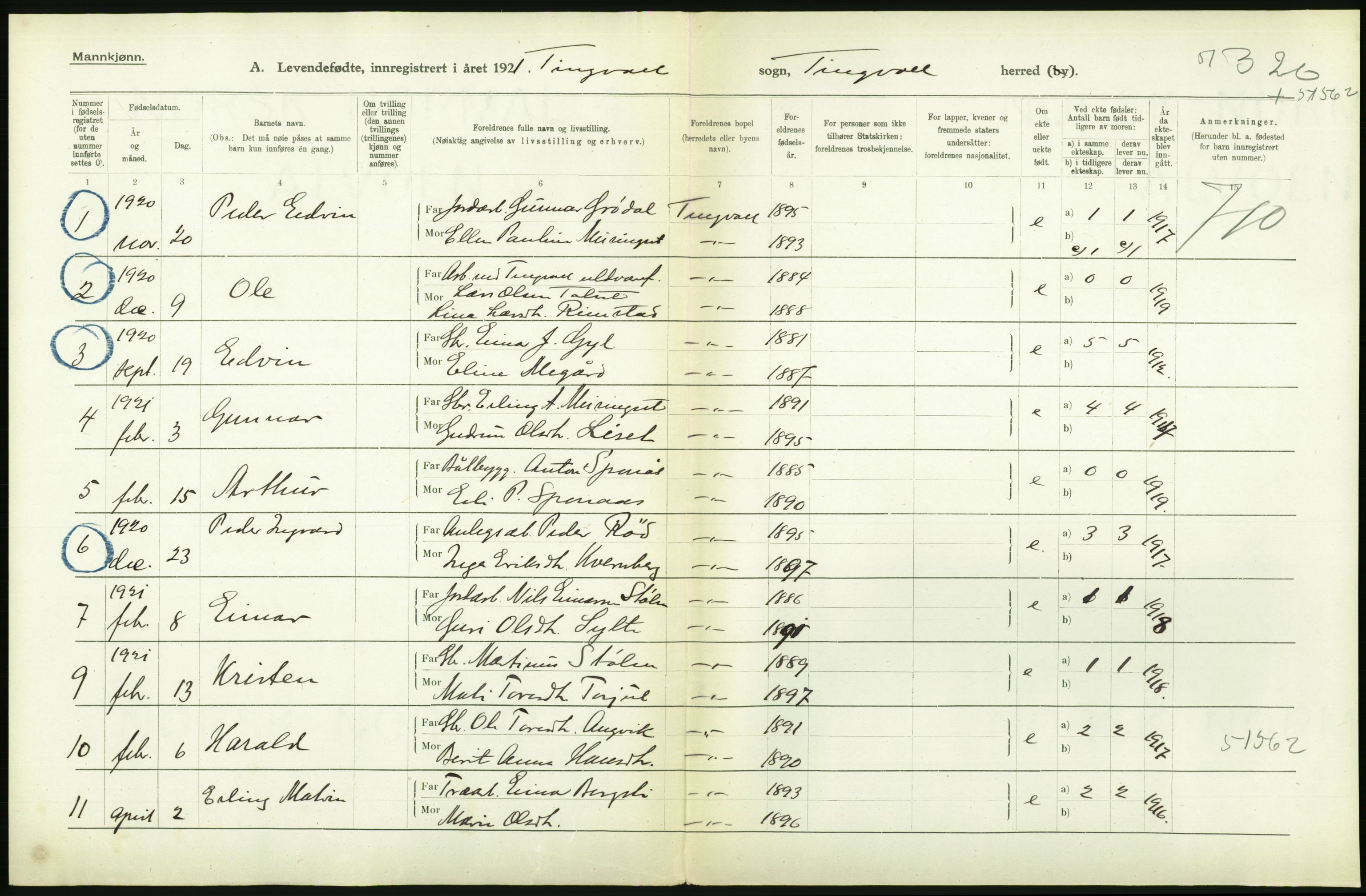 Statistisk sentralbyrå, Sosiodemografiske emner, Befolkning, AV/RA-S-2228/D/Df/Dfc/Dfca/L0040: Møre fylke: Levendefødte menn og kvinner. Bygder., 1921, p. 568