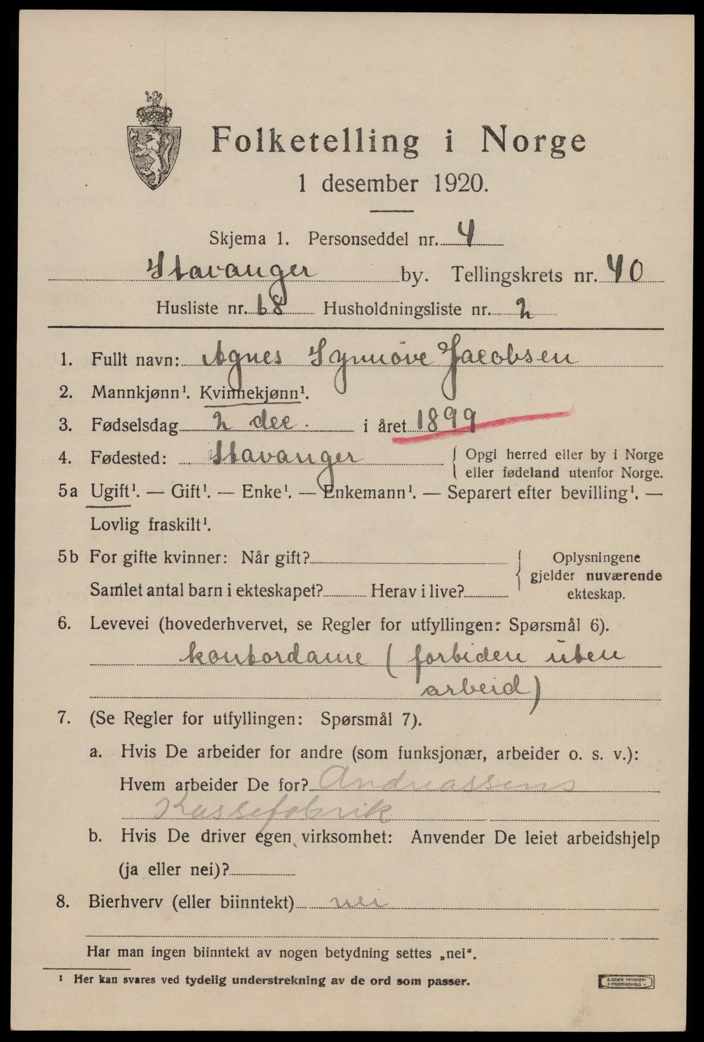 SAST, 1920 census for Stavanger, 1920, p. 103118