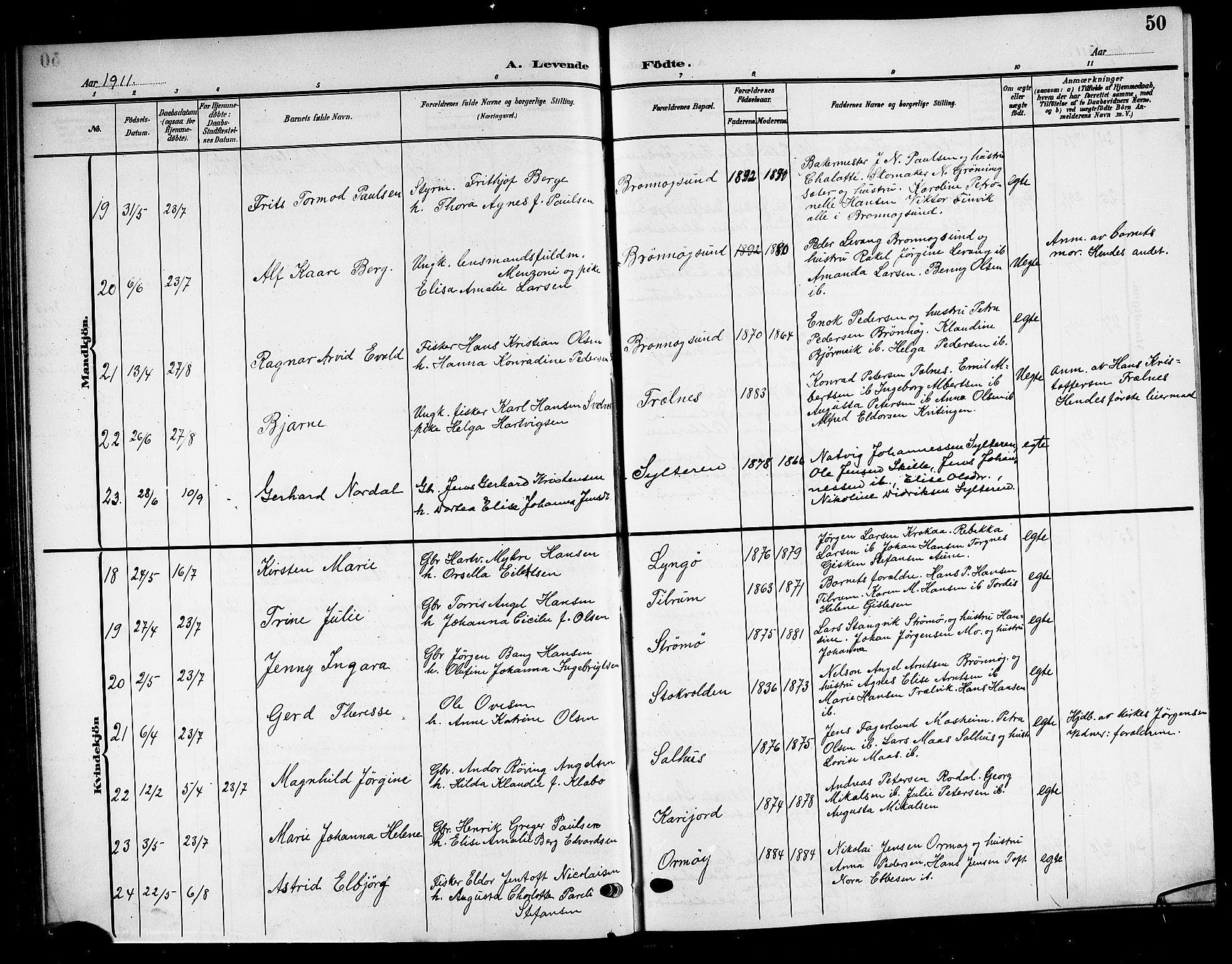 Ministerialprotokoller, klokkerbøker og fødselsregistre - Nordland, AV/SAT-A-1459/813/L0214: Parish register (copy) no. 813C06, 1904-1917, p. 50