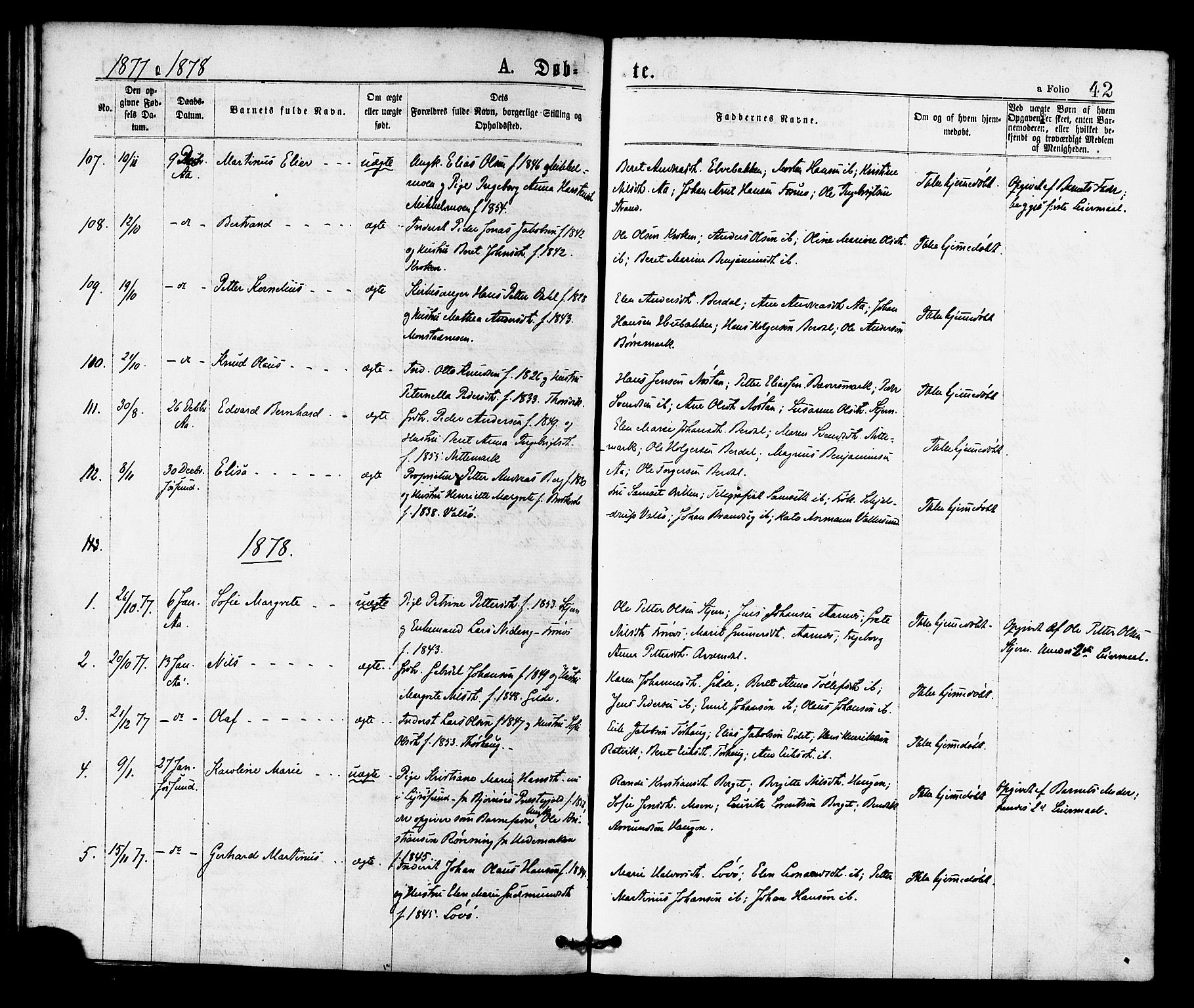 Ministerialprotokoller, klokkerbøker og fødselsregistre - Sør-Trøndelag, SAT/A-1456/655/L0679: Parish register (official) no. 655A08, 1873-1879, p. 42