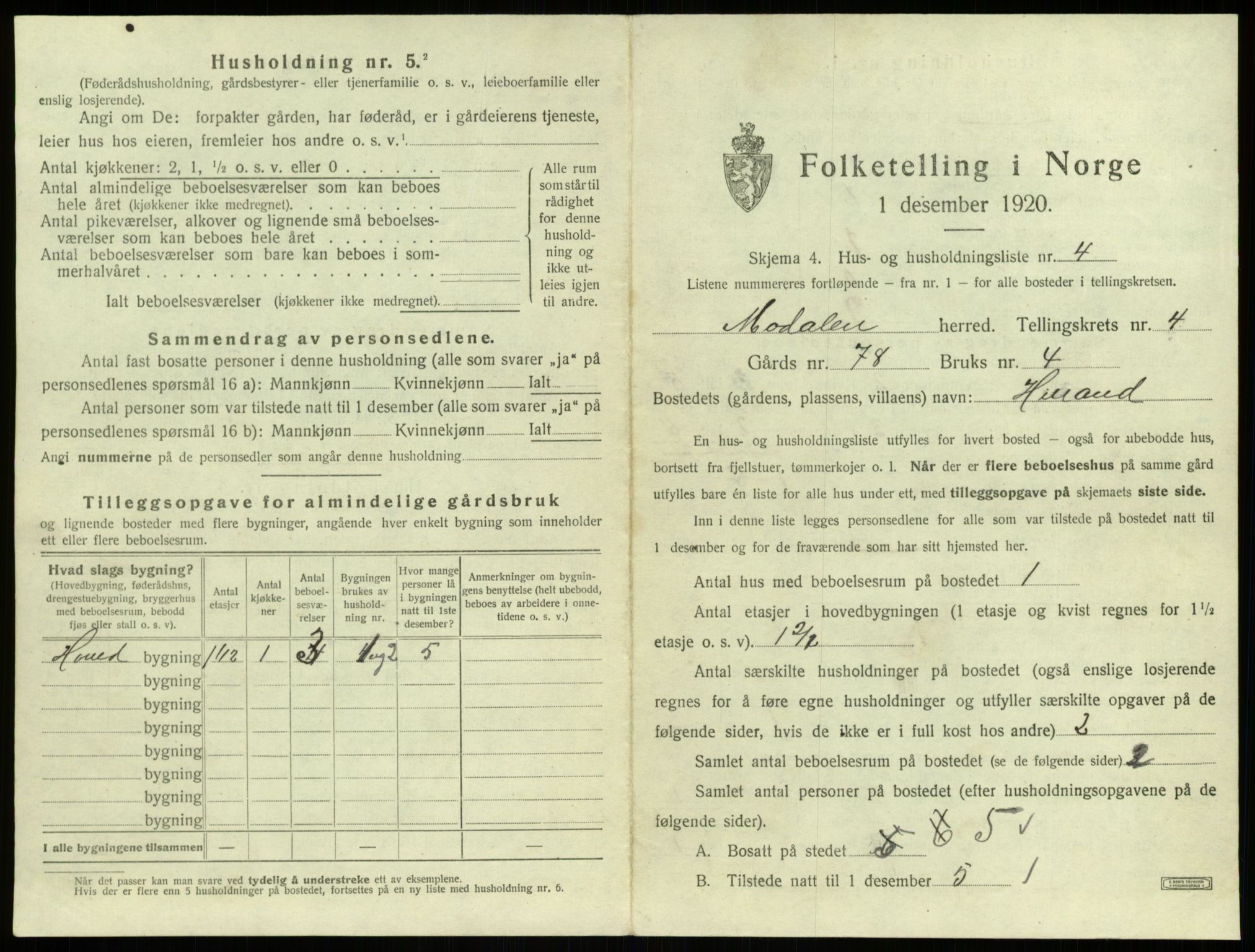 SAB, 1920 census for Modalen, 1920, p. 128