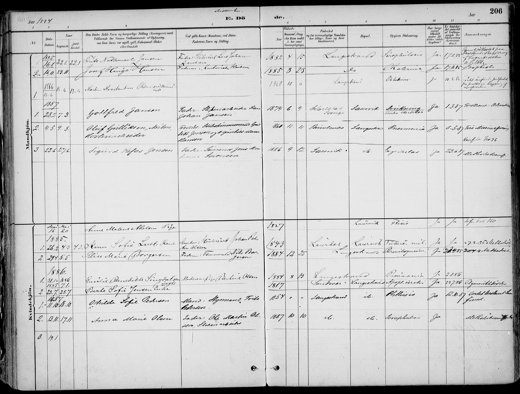 Larvik kirkebøker, AV/SAKO-A-352/F/Fb/L0004: Parish register (official) no. II 4, 1884-1902, p. 206