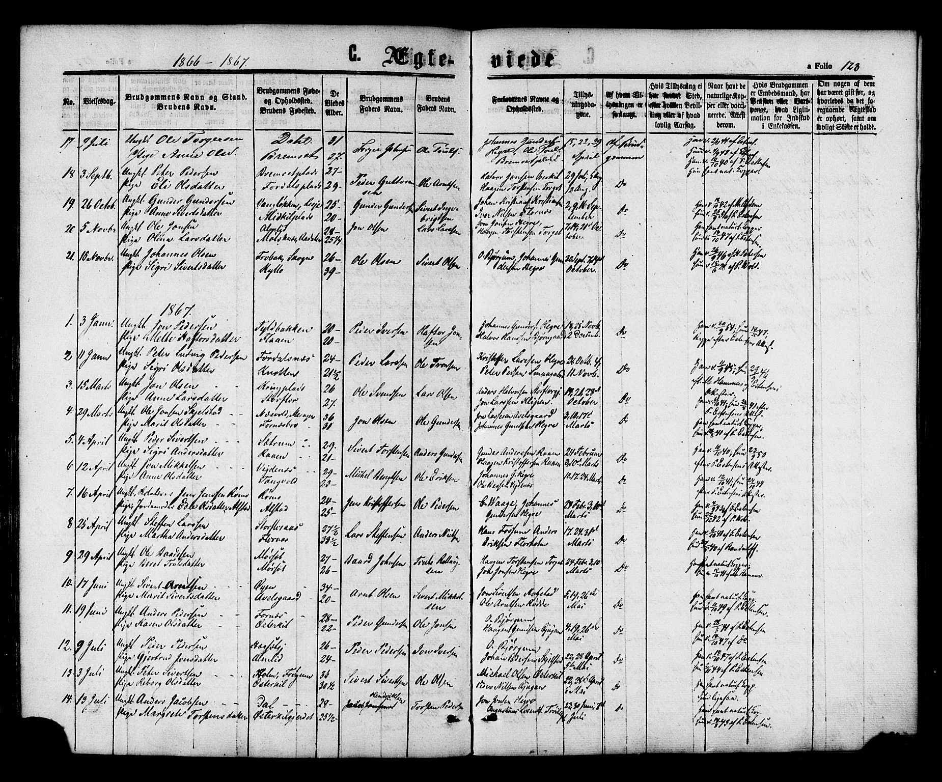 Ministerialprotokoller, klokkerbøker og fødselsregistre - Nord-Trøndelag, SAT/A-1458/703/L0029: Parish register (official) no. 703A02, 1863-1879, p. 128