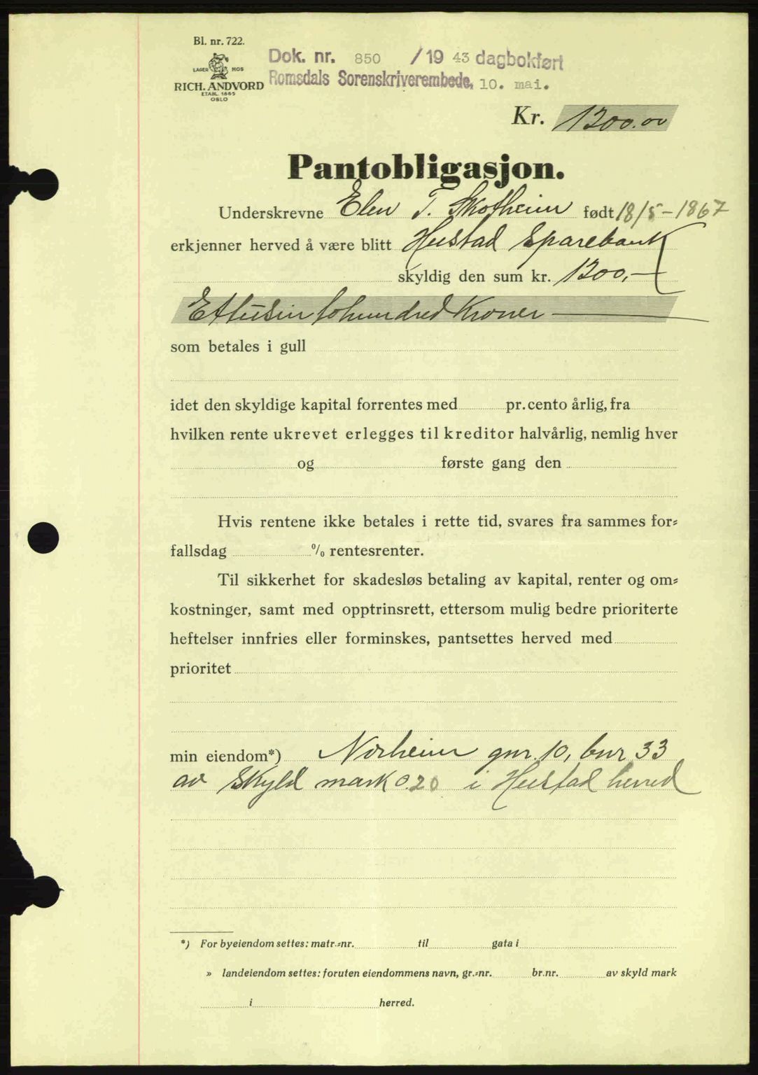 Romsdal sorenskriveri, AV/SAT-A-4149/1/2/2C: Mortgage book no. B2, 1939-1945, Diary no: : 850/1943