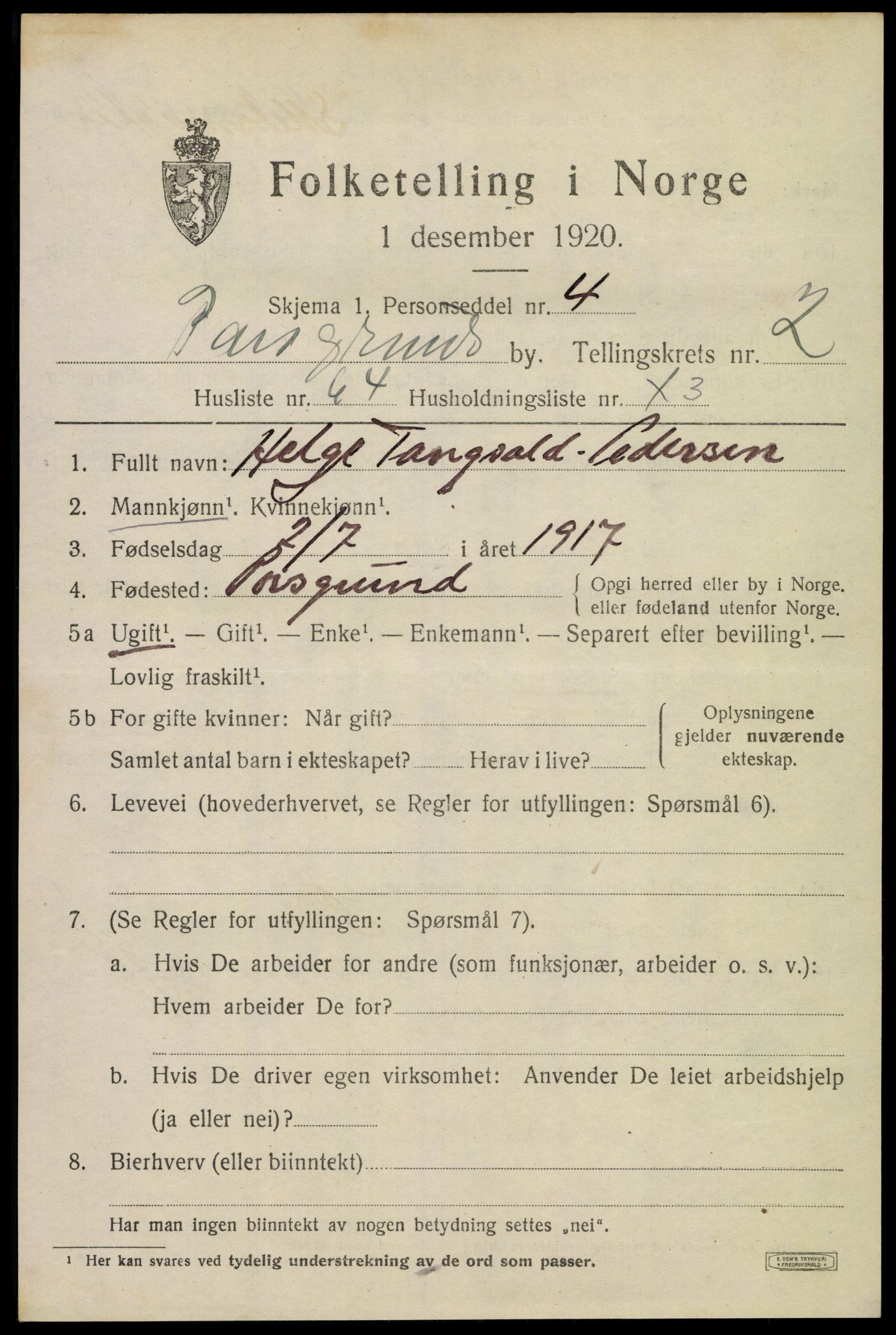 SAKO, 1920 census for Porsgrunn, 1920, p. 11451