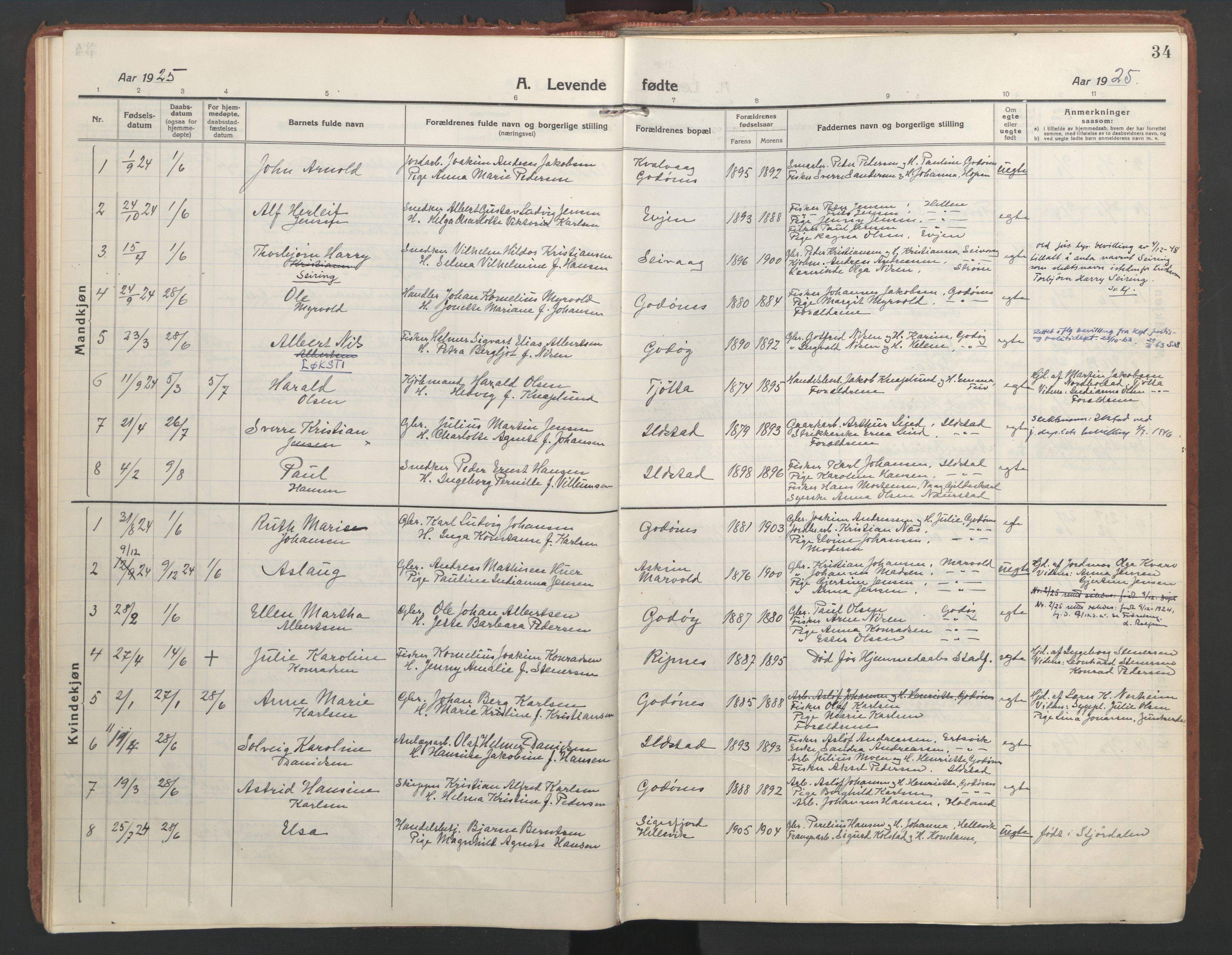 Ministerialprotokoller, klokkerbøker og fødselsregistre - Nordland, AV/SAT-A-1459/804/L0086: Parish register (official) no. 804A07, 1916-1935, p. 34