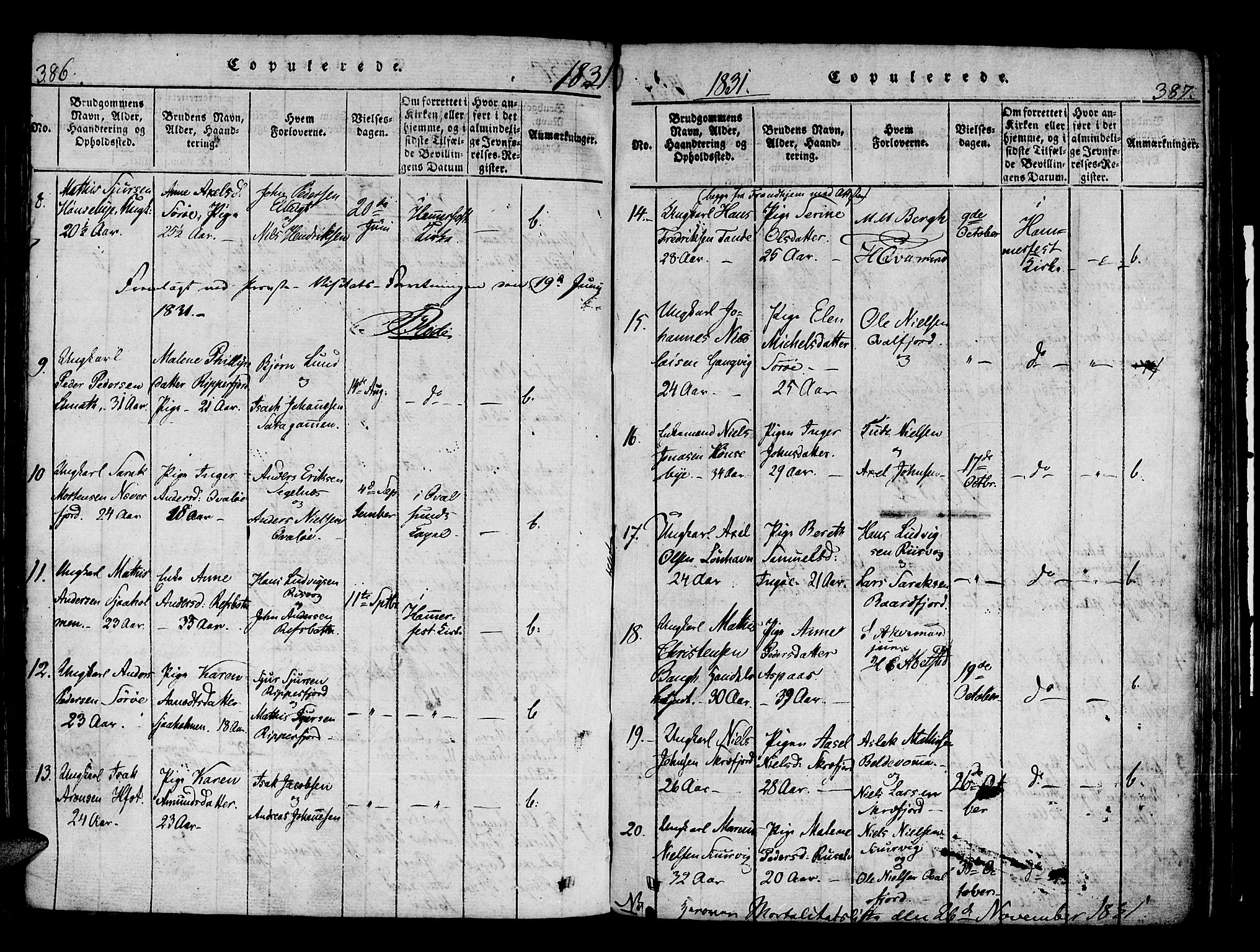 Hammerfest sokneprestkontor, SATØ/S-1347/H/Ha/L0003.kirke: Parish register (official) no. 3, 1821-1842, p. 386-387