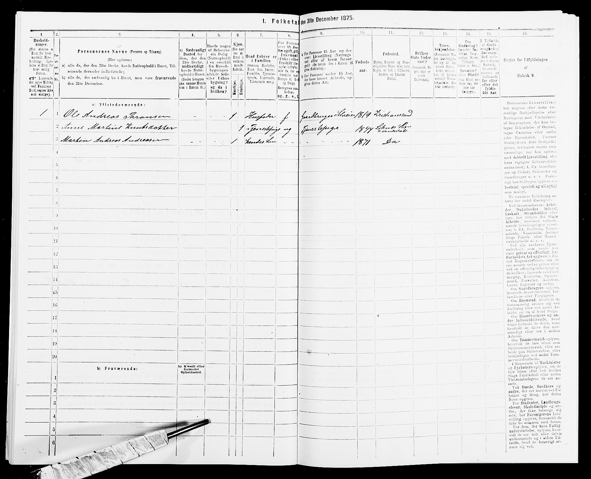 SAK, 1875 census for 1037P Kvinesdal, 1875, p. 1075