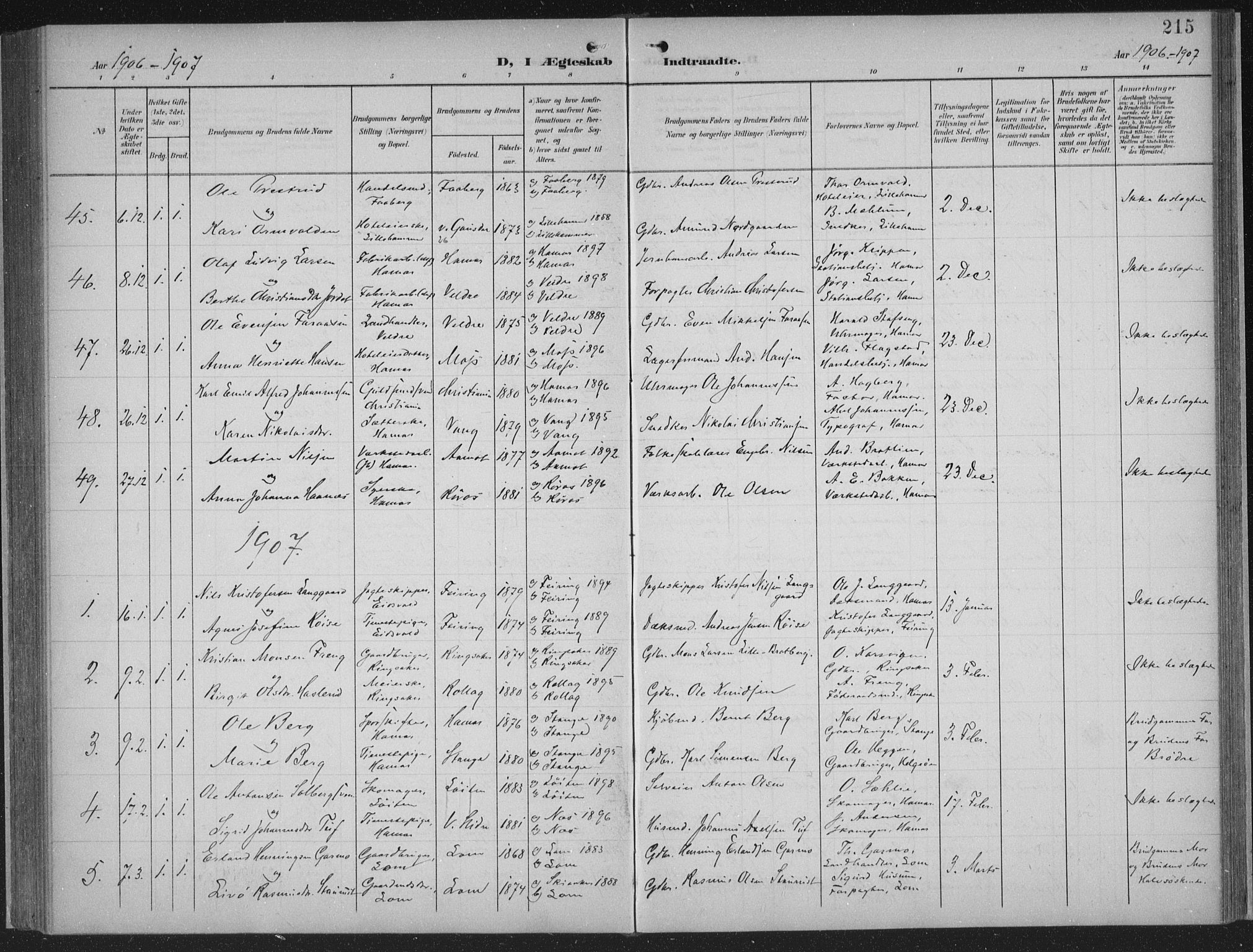 Hamar prestekontor, AV/SAH-DOMPH-002/H/Ha/Haa/L0001: Parish register (official) no. 1, 1900-1914, p. 215