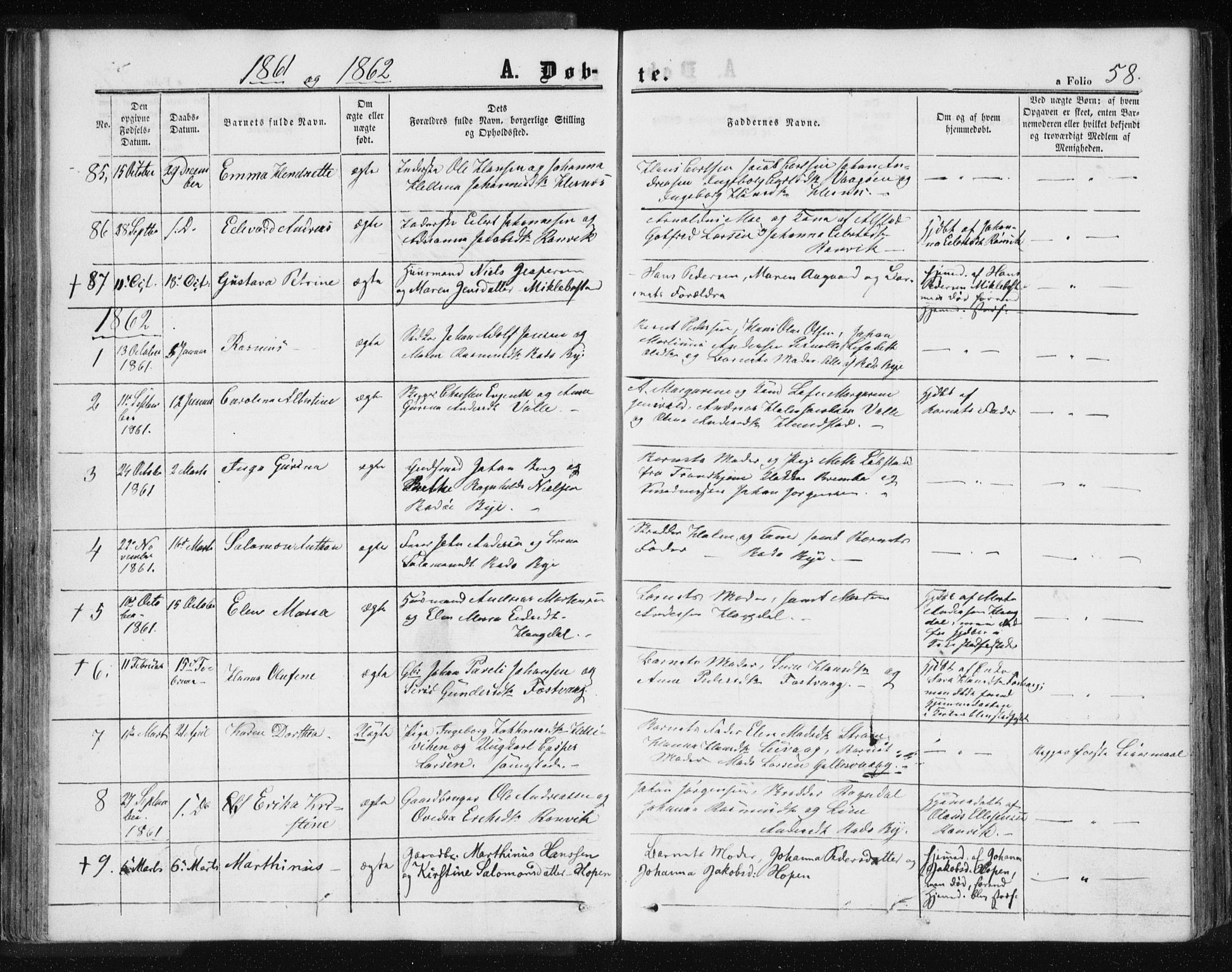 Ministerialprotokoller, klokkerbøker og fødselsregistre - Nordland, AV/SAT-A-1459/801/L0028: Parish register (copy) no. 801C03, 1855-1867, p. 58