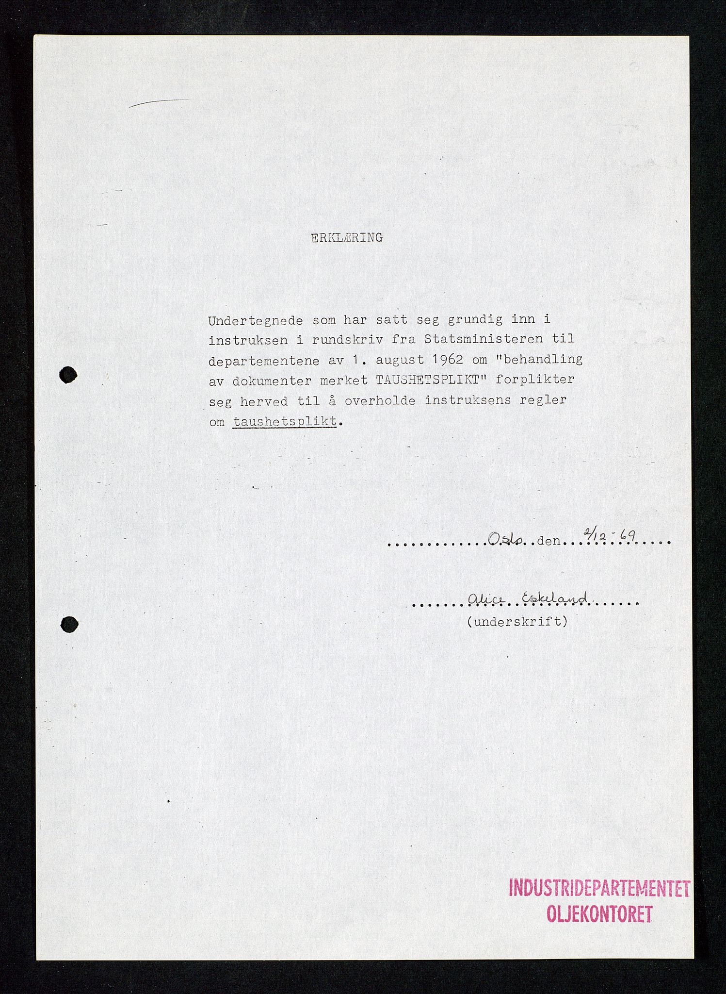 Industridepartementet, Oljekontoret, AV/SAST-A-101348/Db/L0001: Sikkerhet og utstyr, personell, arbeidstid, lønn, 1967-1973, p. 189