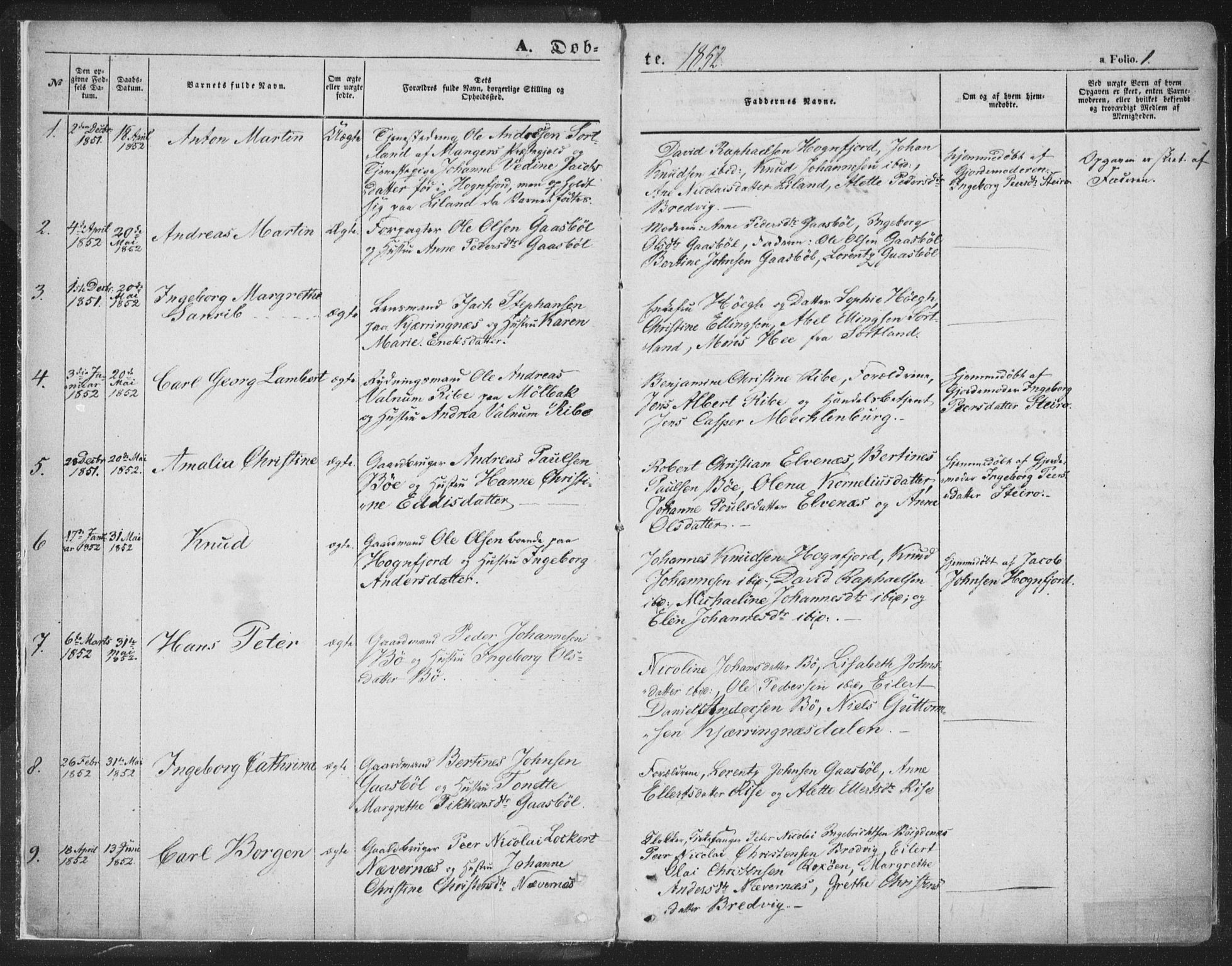 Ministerialprotokoller, klokkerbøker og fødselsregistre - Nordland, AV/SAT-A-1459/895/L1369: Parish register (official) no. 895A04, 1852-1872, p. 1